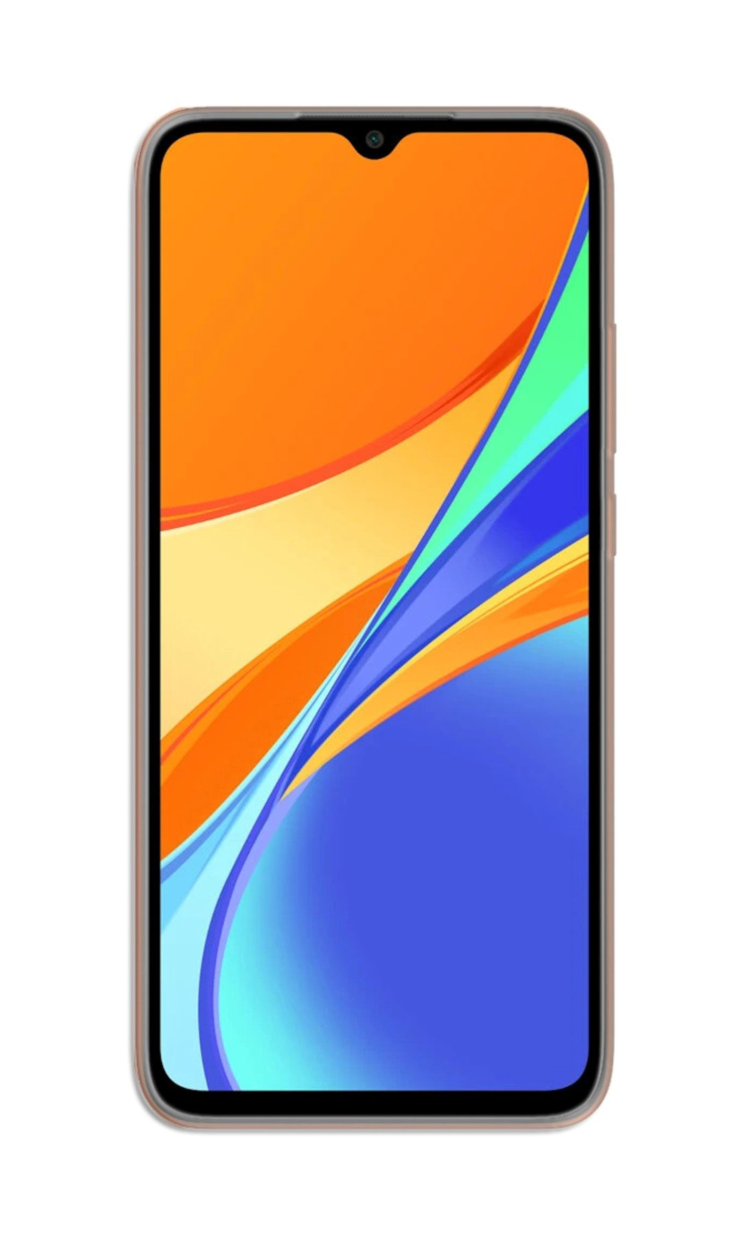 Ein Smartphone mit farbenfrohem Display. Der Bildschirm zeigt Farbwellen. Weißer Hintergrund.