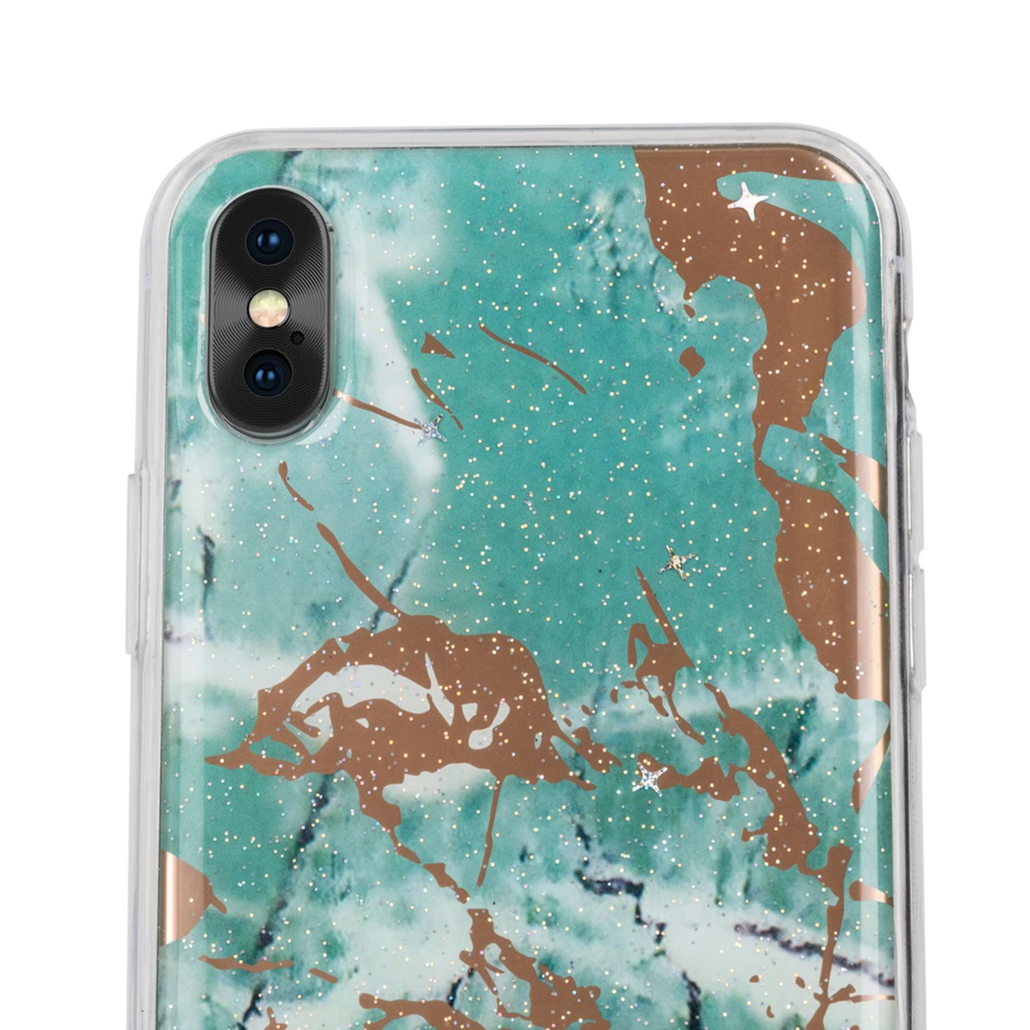 Nahaufnahme einer Handyhülle mit marmorähnlichem Design, mit einer durchsichtigen Hülle.