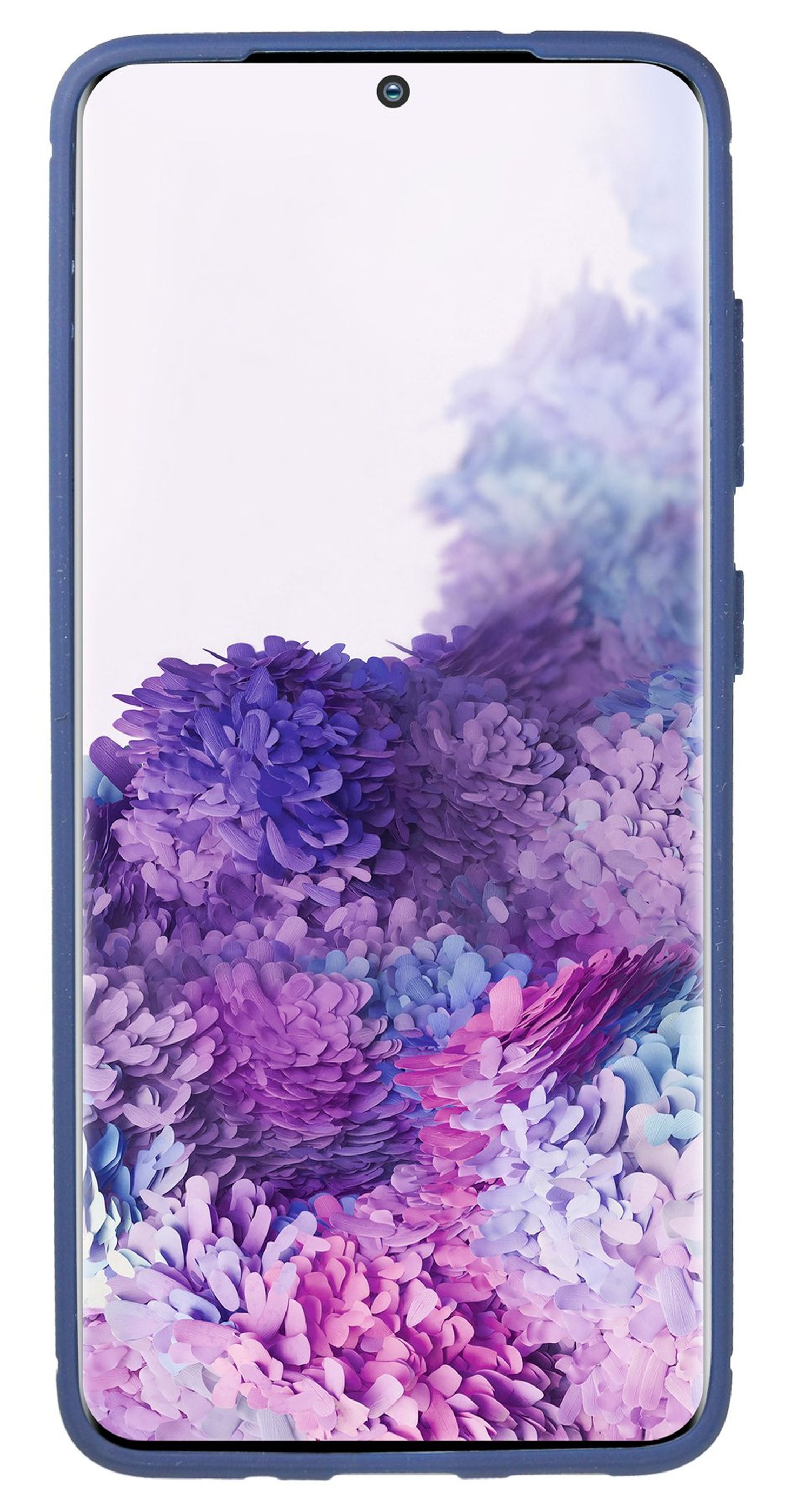 Ein Telefon mit einem lila Blumengrund, umhüllt von einer blauen Schutzhülle.