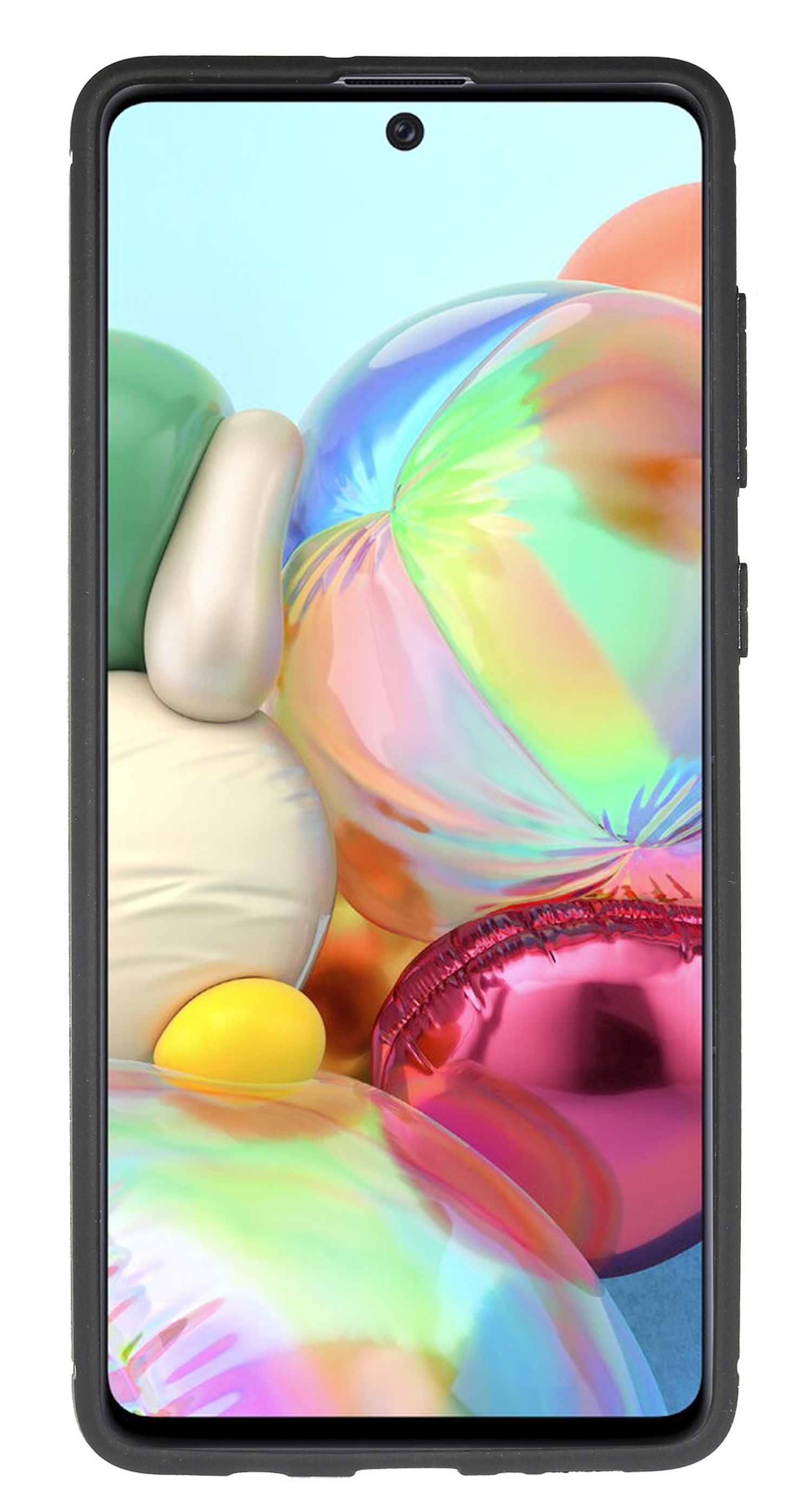 Ein Telefon mit einem farbenfrohen Hintergrund auf dem Bildschirm. Das Telefon befindet sich in einer schwarzen Hülle.