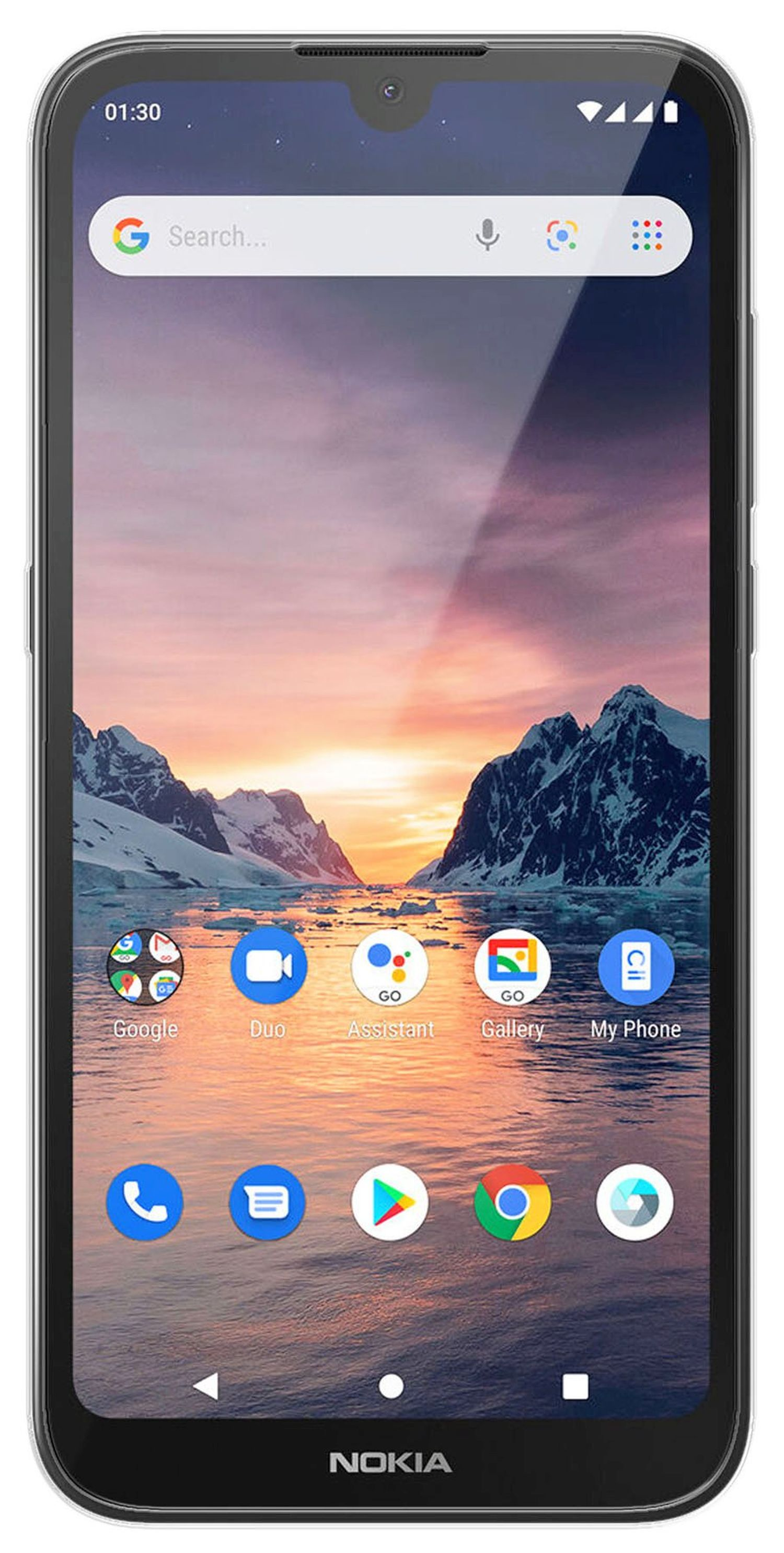 Nokia-Telefonbildschirm, der eine Landschaftsszene mit Sonnenuntergang und Berg zeigt.