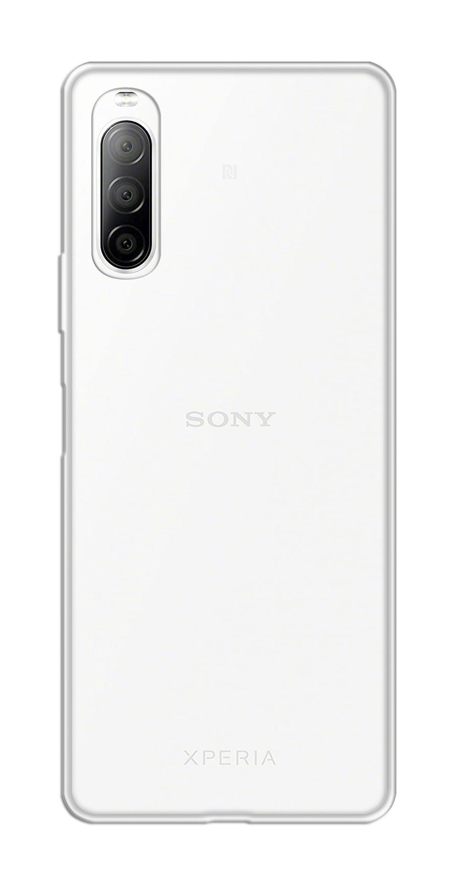 Weiße Telefonrückseite mit drei Kameras und Sony- und Xperia-Logos. Weißer Hintergrund.