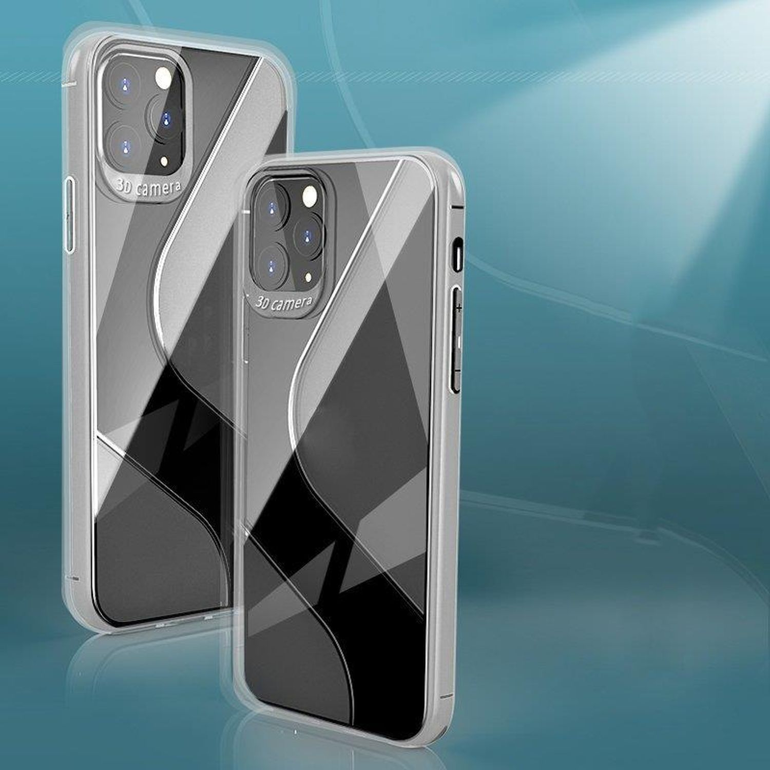 Zwei Handyhüllen mit geometrischem Design vor blauem Hintergrund.