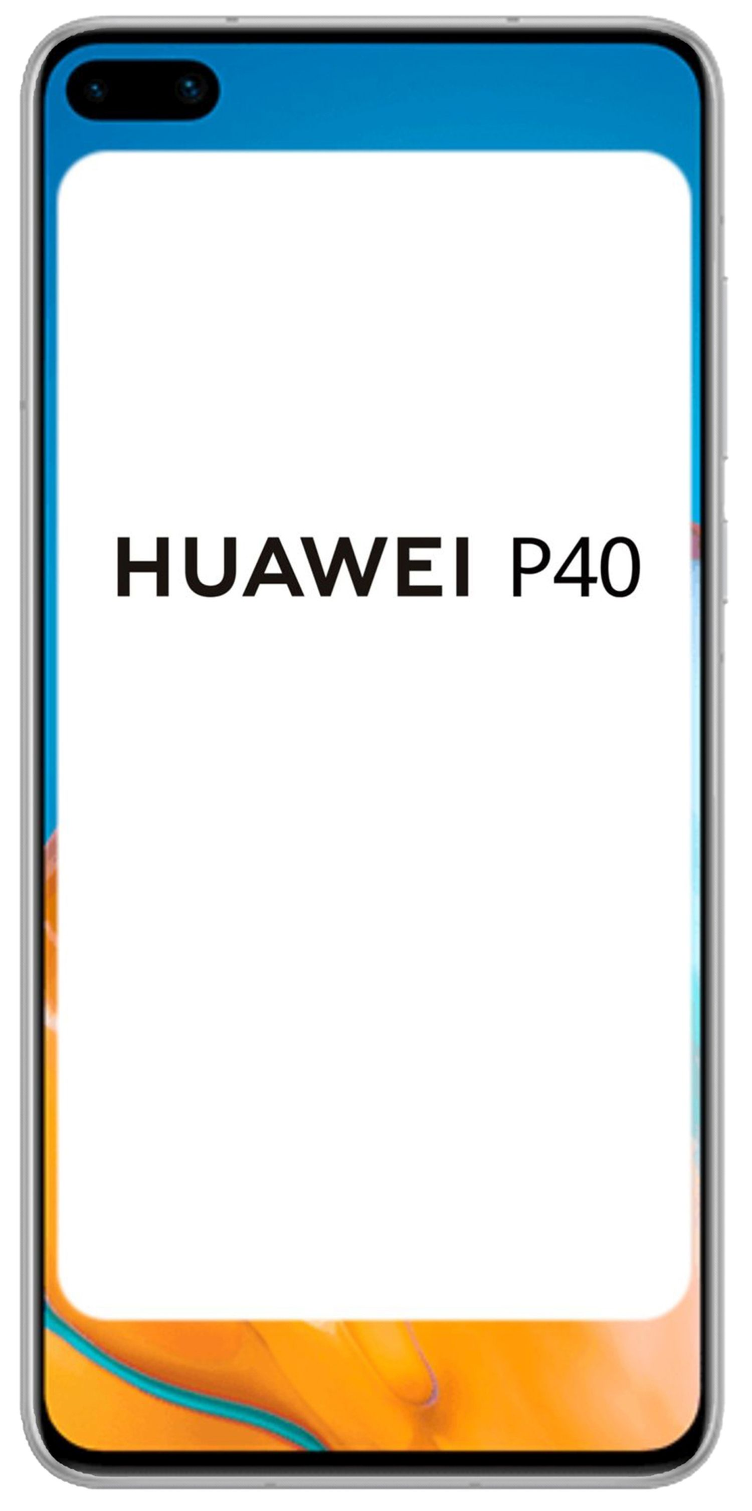 Ein Smartphone mit weißem Bildschirm mit den Worten 'HUAWEI P40'. Das Telefon vor weißem Hintergrund.