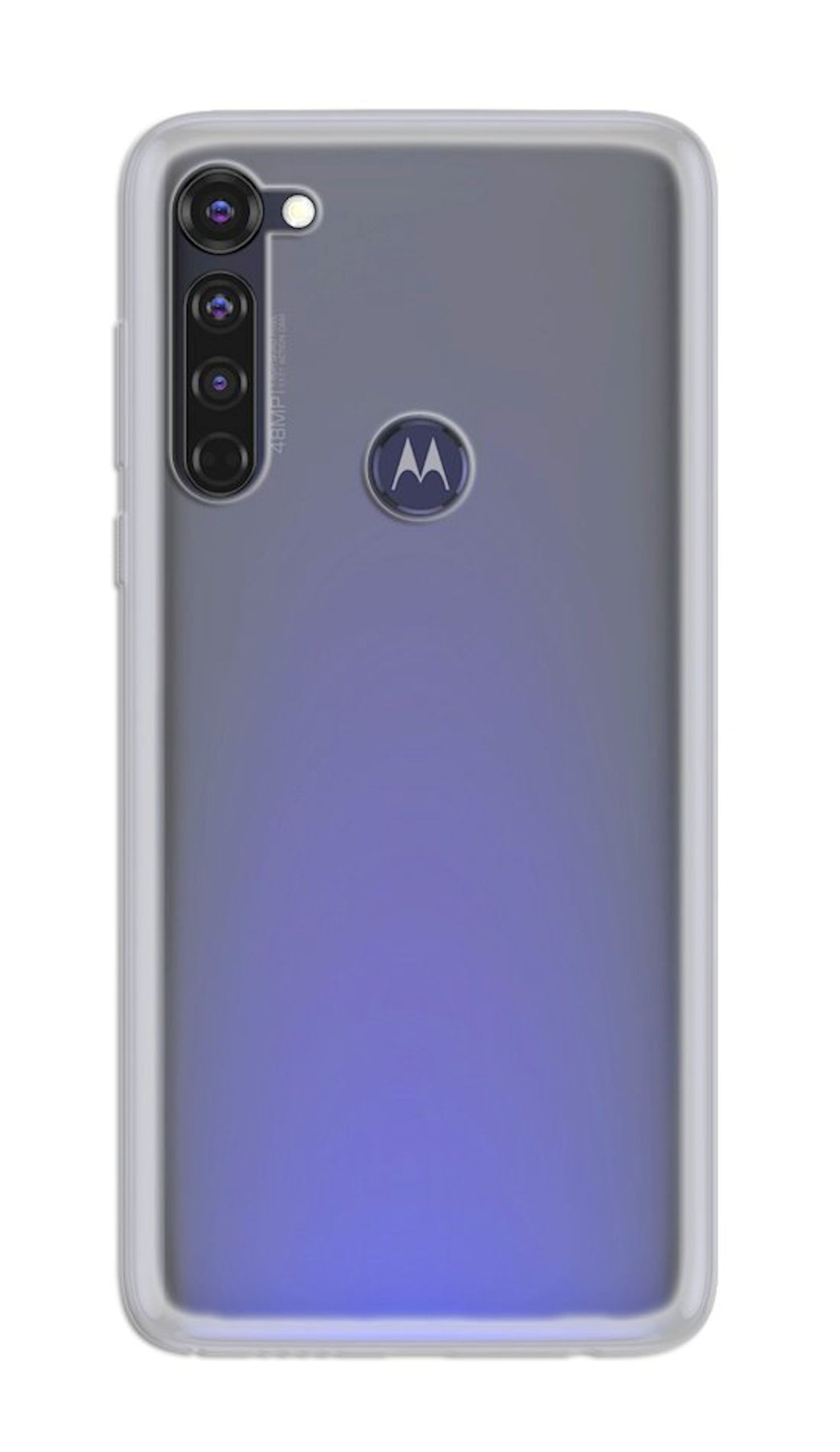 Ein Smartphone in einer transparenten Hülle. Die Rückseite ist blau und lila. Die Hülle ist klar.