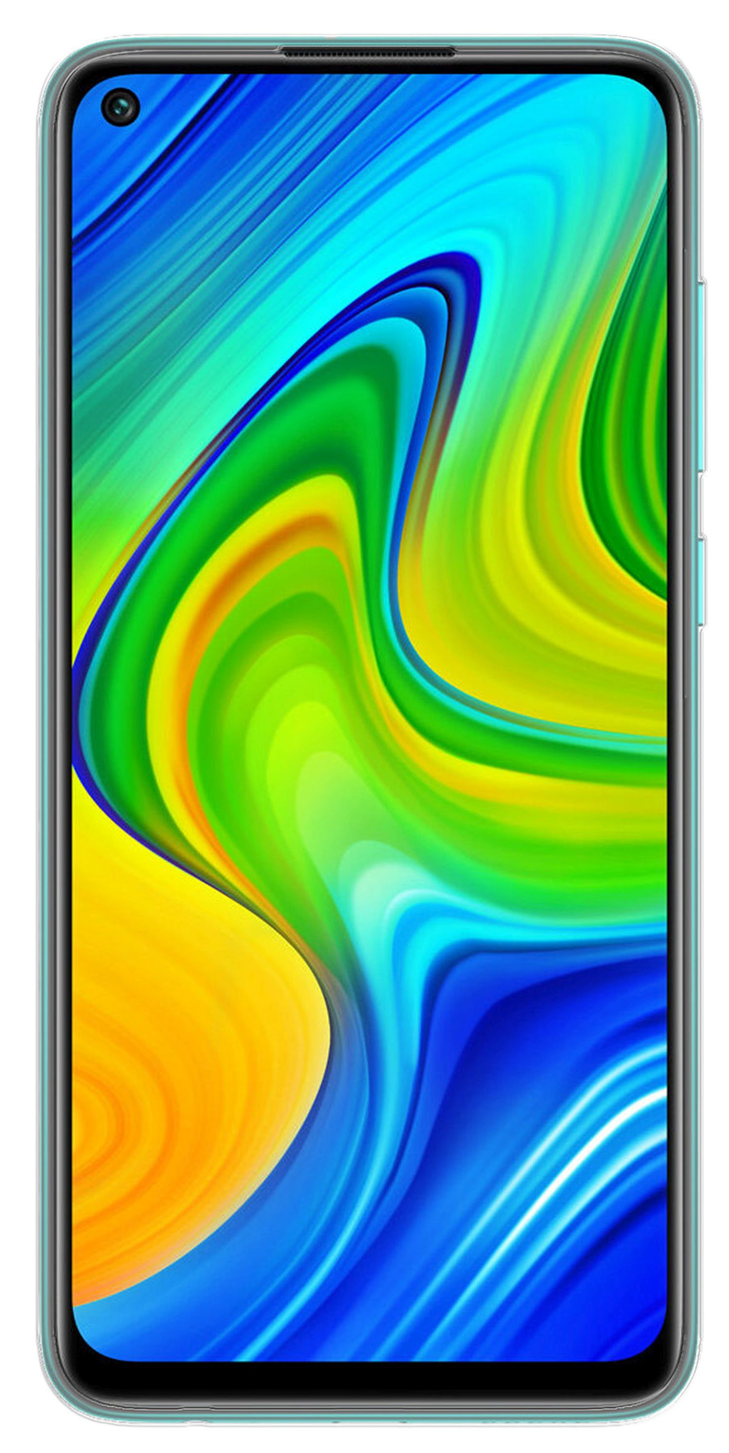 Smartphone mit buntem, abstraktem Hintergrund auf dem Bildschirm, vor weißem Hintergrund.