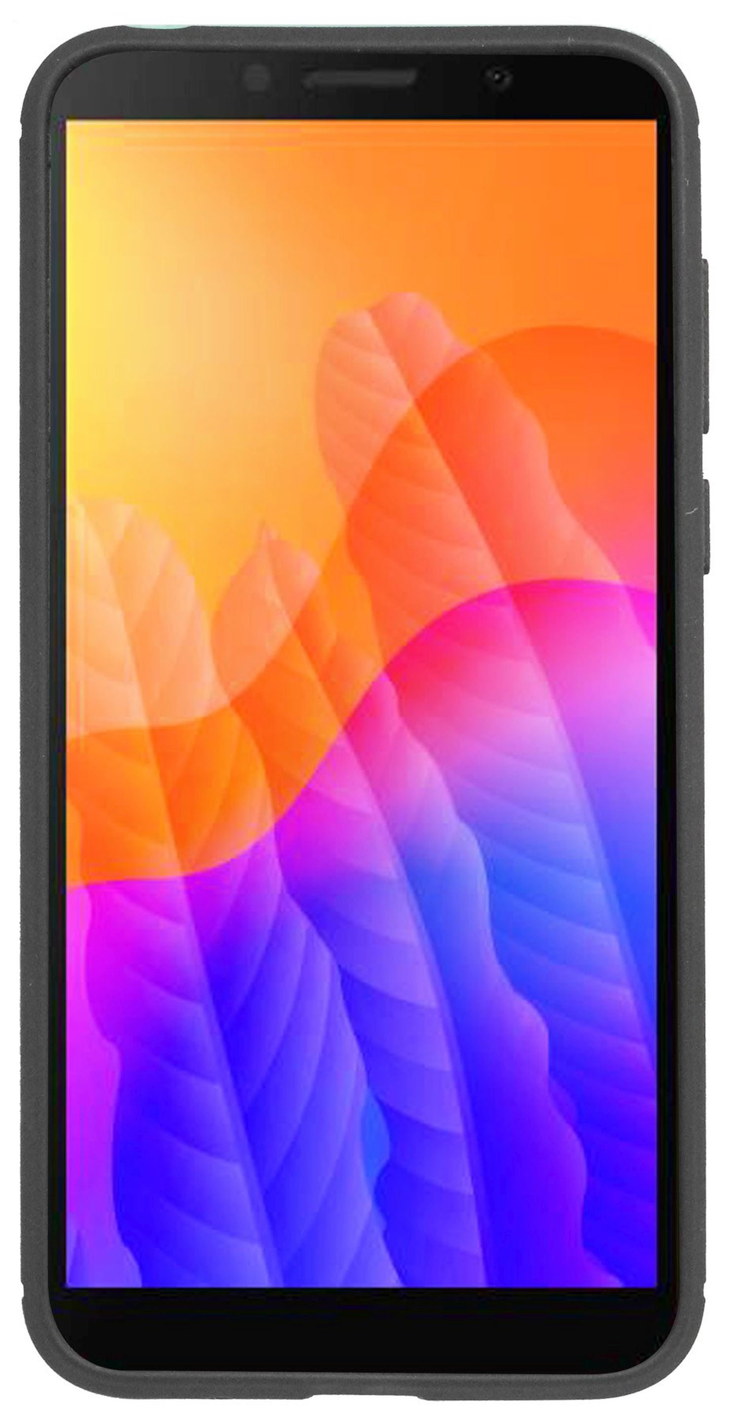 Ein Telefon mit buntem, abstrakten Hintergrund. Das Telefon befindet sich in einer Schutzhülle. Der Bildschirm zeigt Orange und Lila.