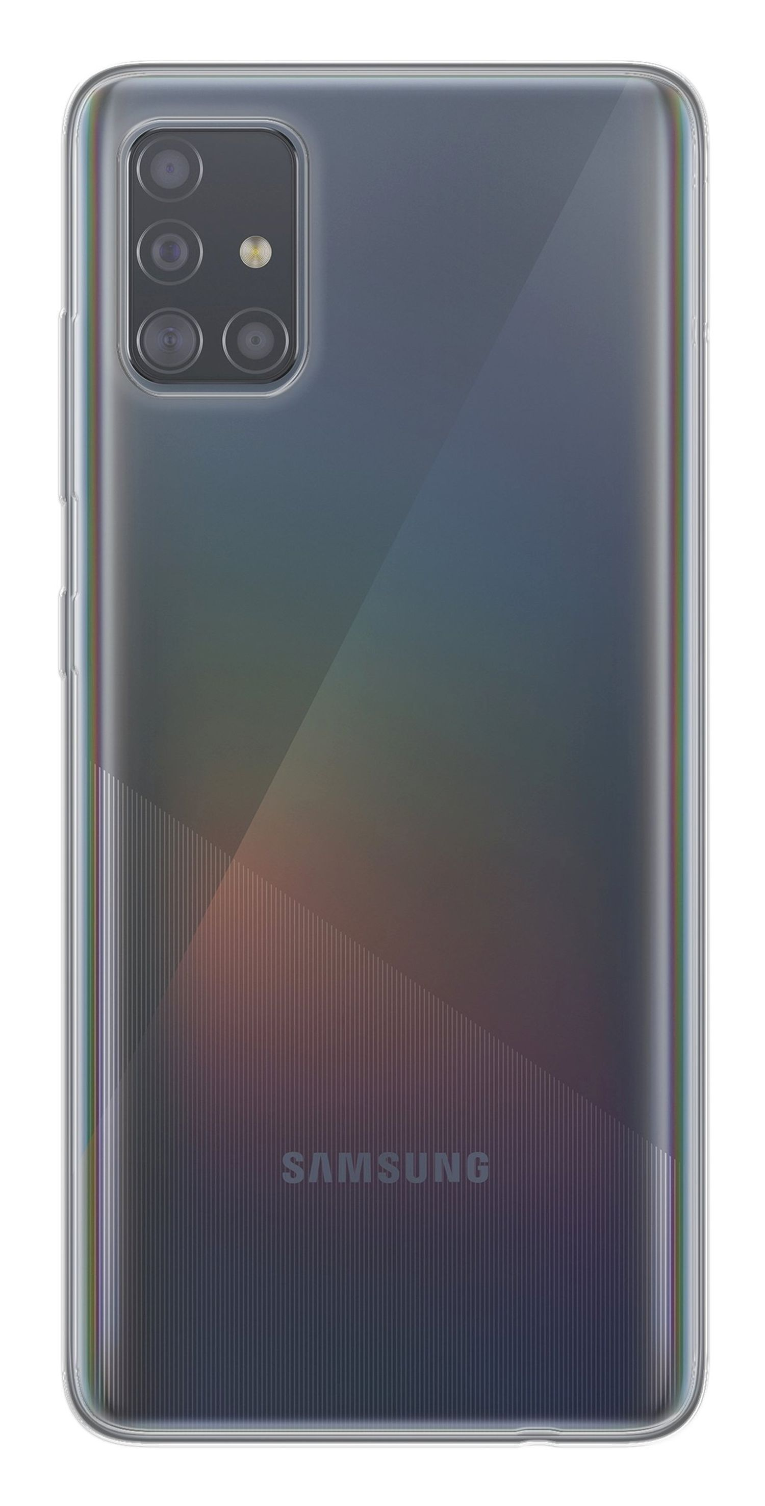 Ein Samsung-Telefon mit transparenter Hülle, Rückseite mit Kameras und Logo.