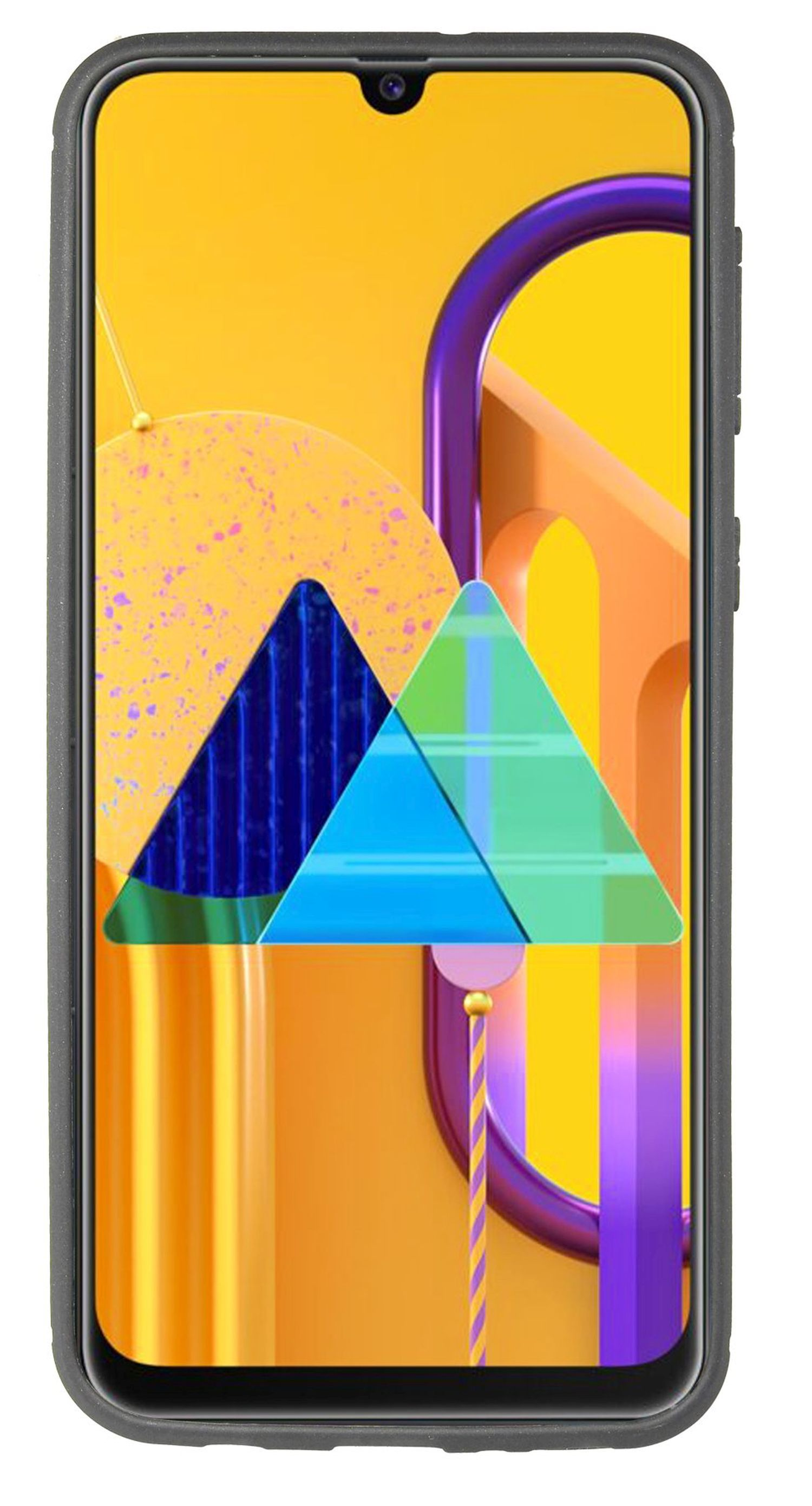 Telefon mit gelbem Bildschirm, Dreieckslogo und dunkelgrauem Gehäuse.