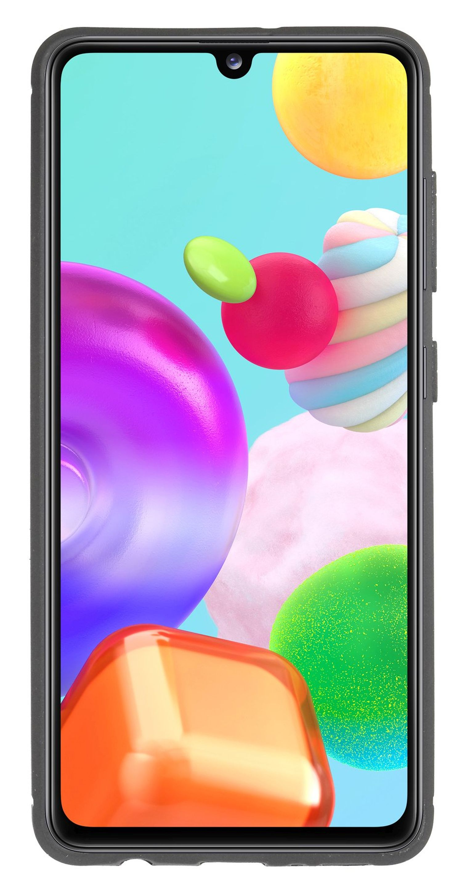 Telefon in einer schwarzen Hülle. Bunter abstrakter Hintergrund mit geometrischen Formen und einem hellblauen Farbton.