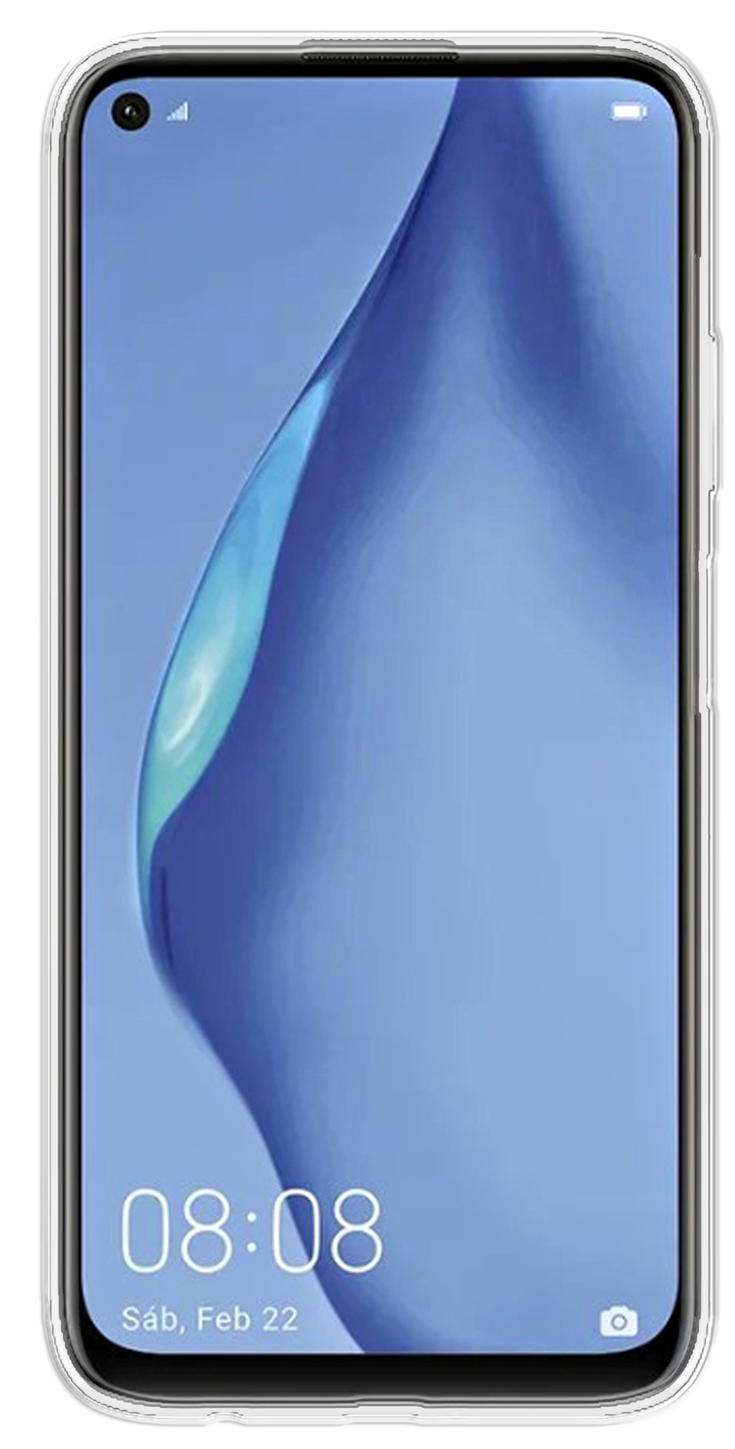 Ein Mobiltelefon mit einer durchsichtigen Hülle. Der Bildschirm zeigt einen blauen Farbverlauf mit Datum.