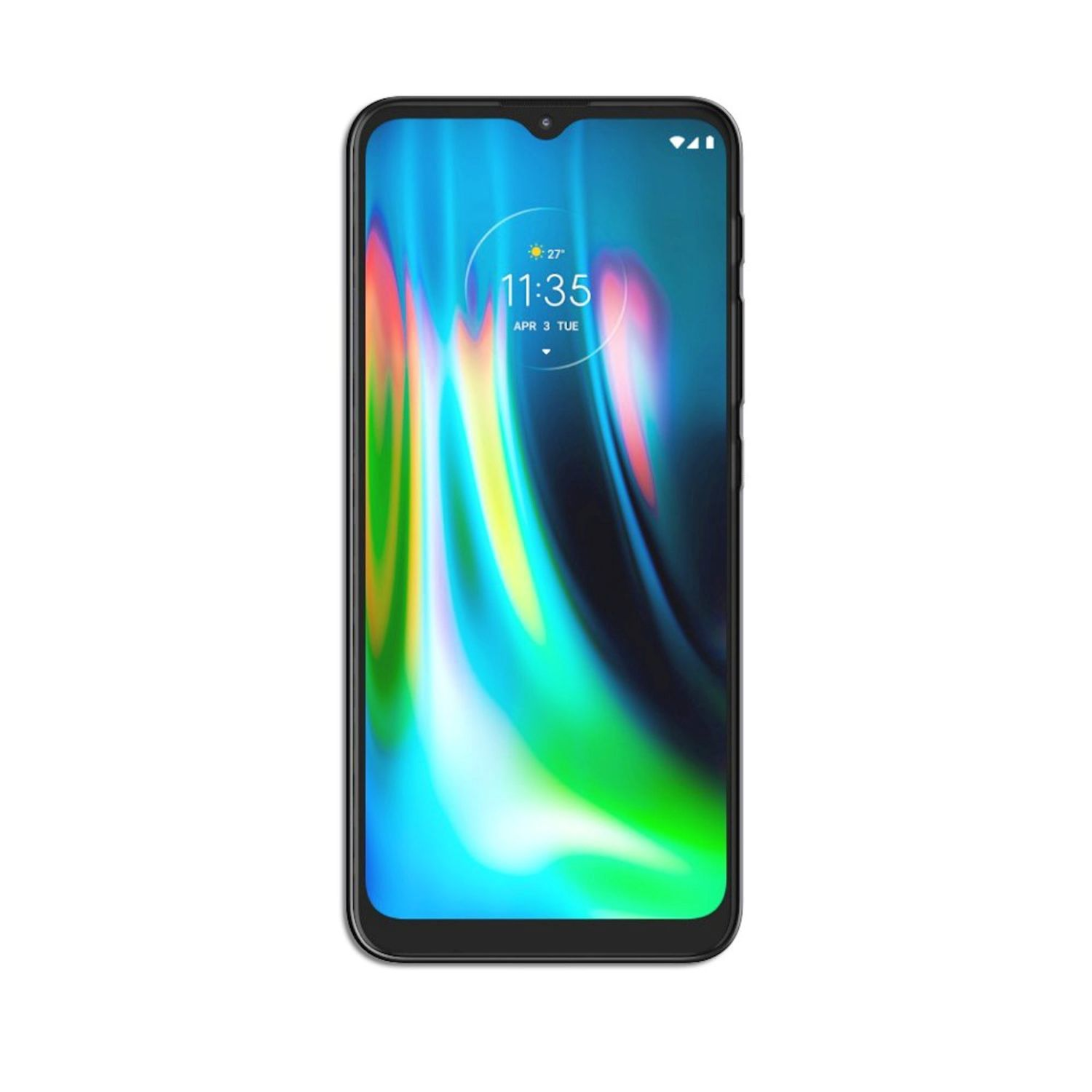 Telefon mit angezeigter Uhrzeit. Schwarzer Rahmen, weißer Bildschirm, zeigt Zeit und Datum an.
