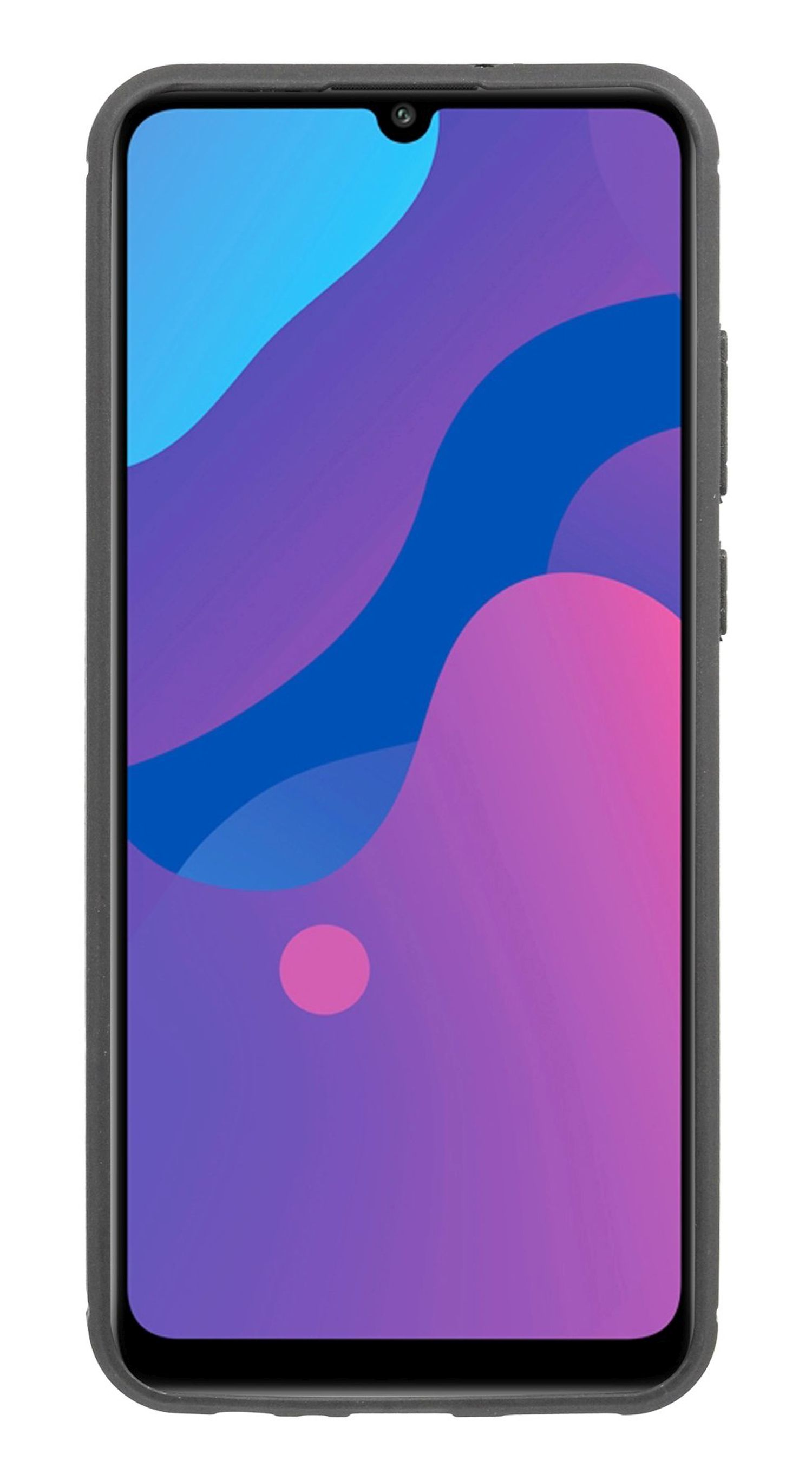 Smartphone mit farbenfrohem, abstraktem Hintergrund in einer dunkelgrauen Hülle.