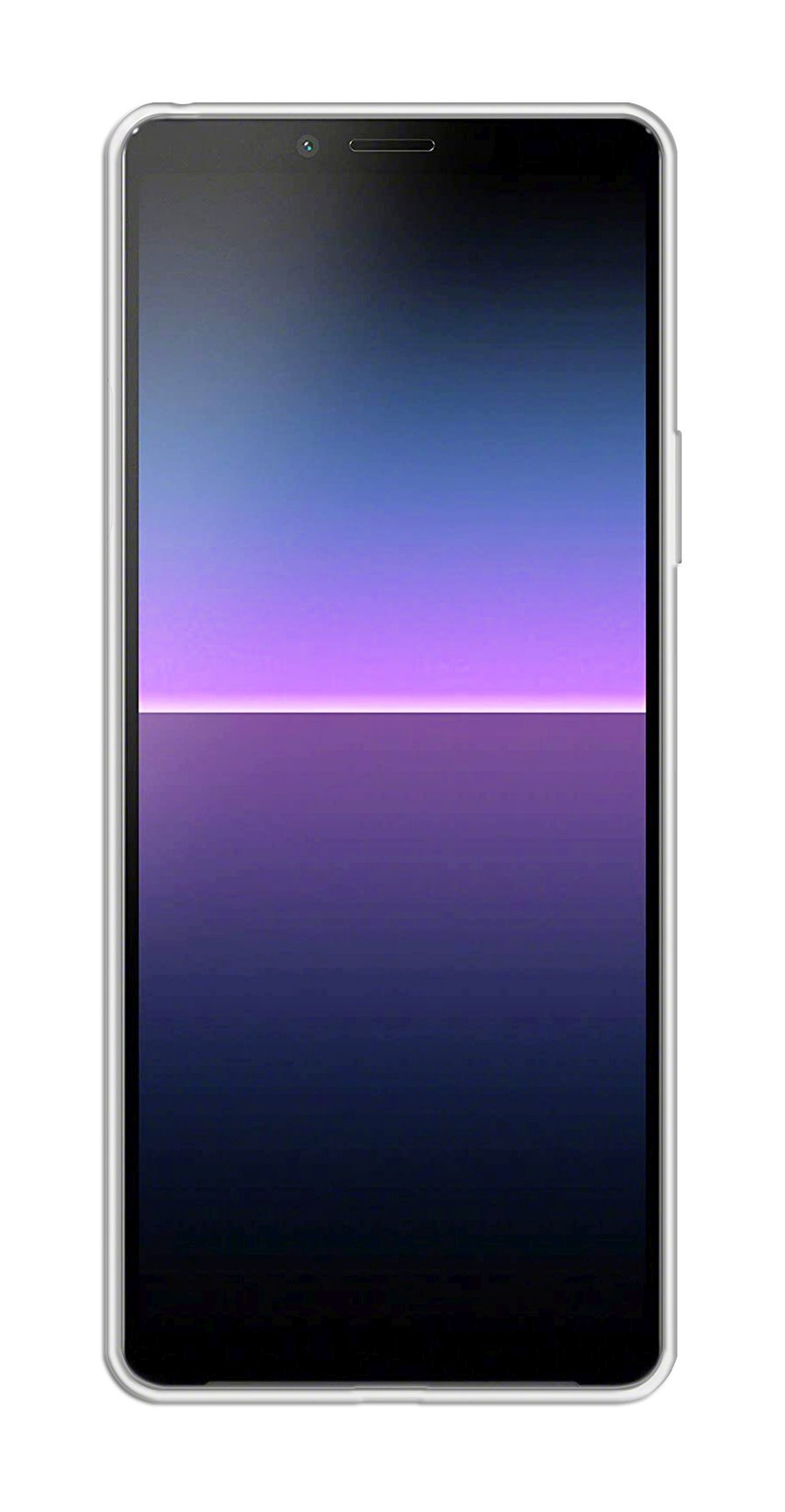 Smartphone mit lila-blauem Farbverlauf-Display, in einer transparenten Hülle. Die Hülle ist schlank und transparent.