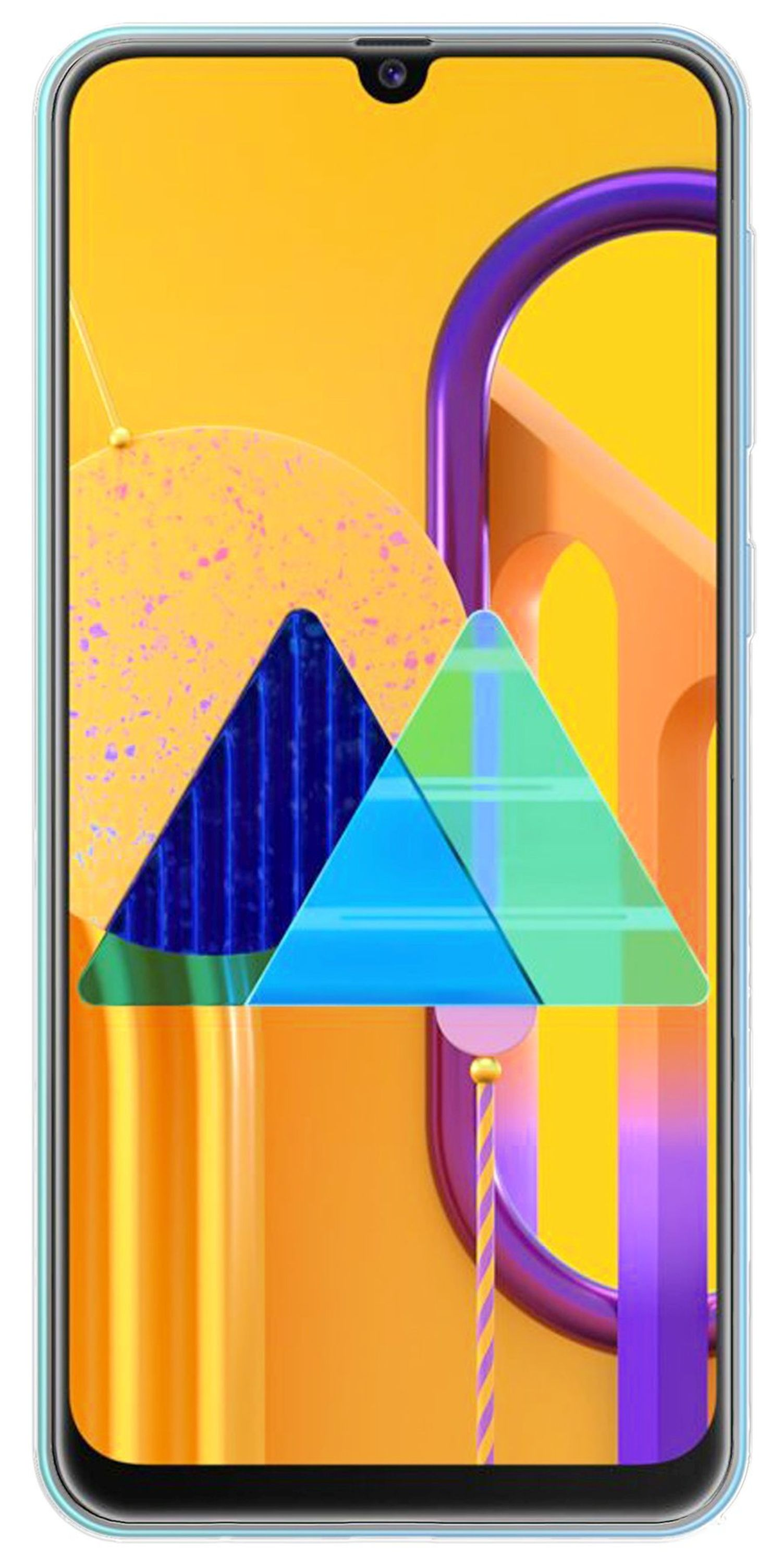 Smartphone mit farbenfrohem Hintergrund. Zeigt 07:00 Uhr. Telefon hat blauen Rahmen.
