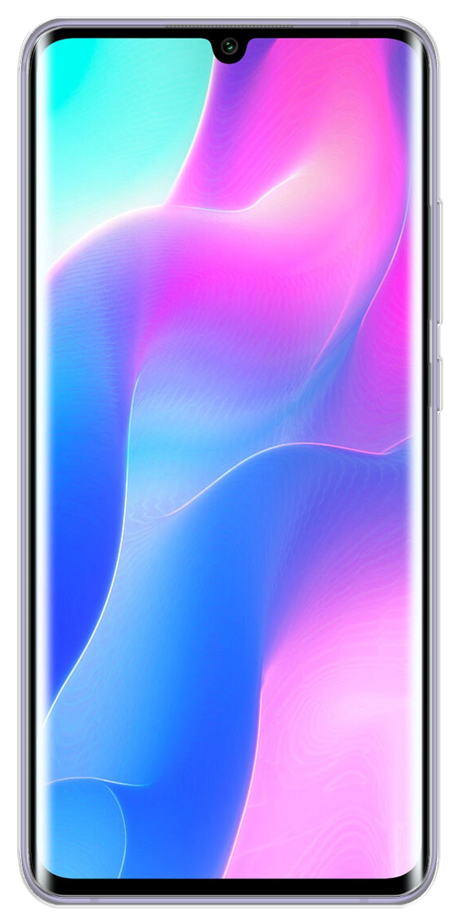 Ein Telefon mit gebogenem Display, das einen bunten abstrakten Hintergrund zeigt. Das Telefon ist silberfarben.