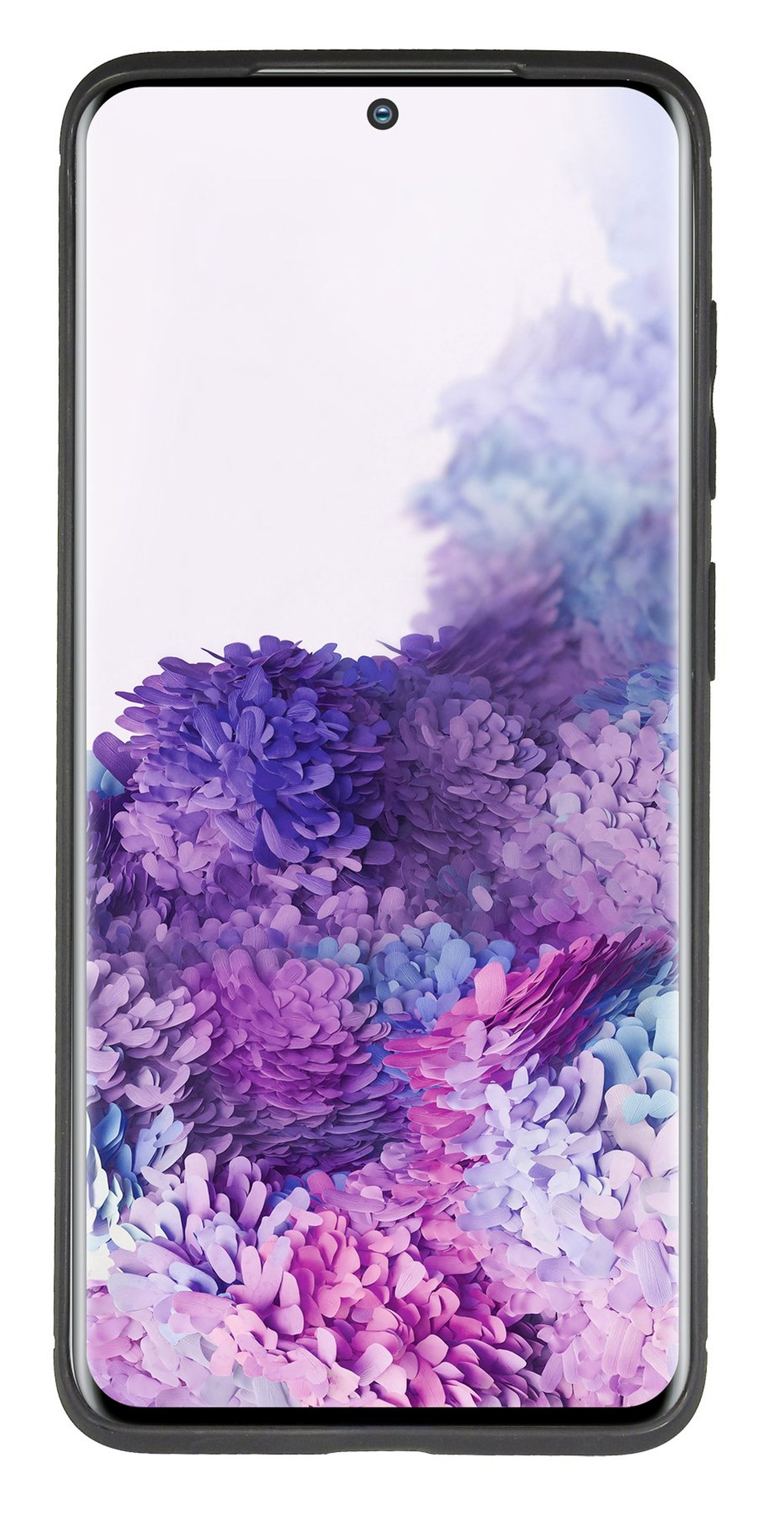 Telefonscreen zeigt lila und weiße Blumen. Das Telefon ist in einem schwarzen Gehäuse.