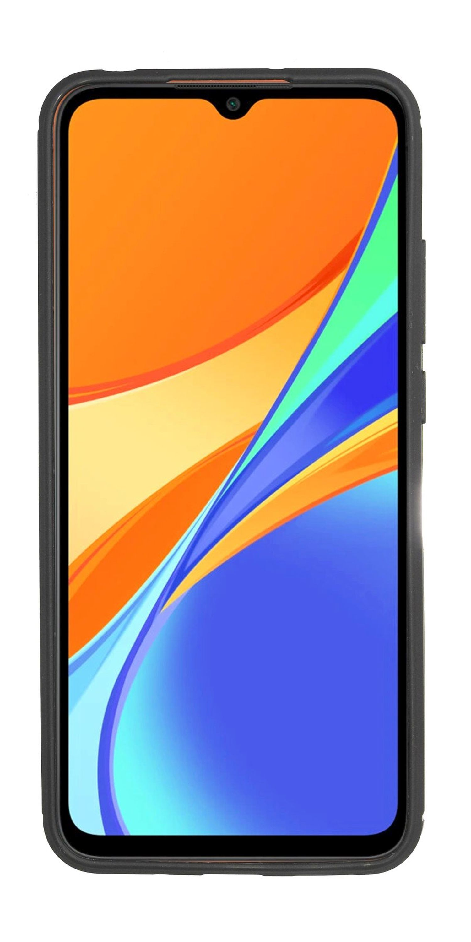Ein Telefon mit farbenfrohem Bildschirm in einer schwarzen Hülle. Das Telefon hat einen schwarzen Rahmen.