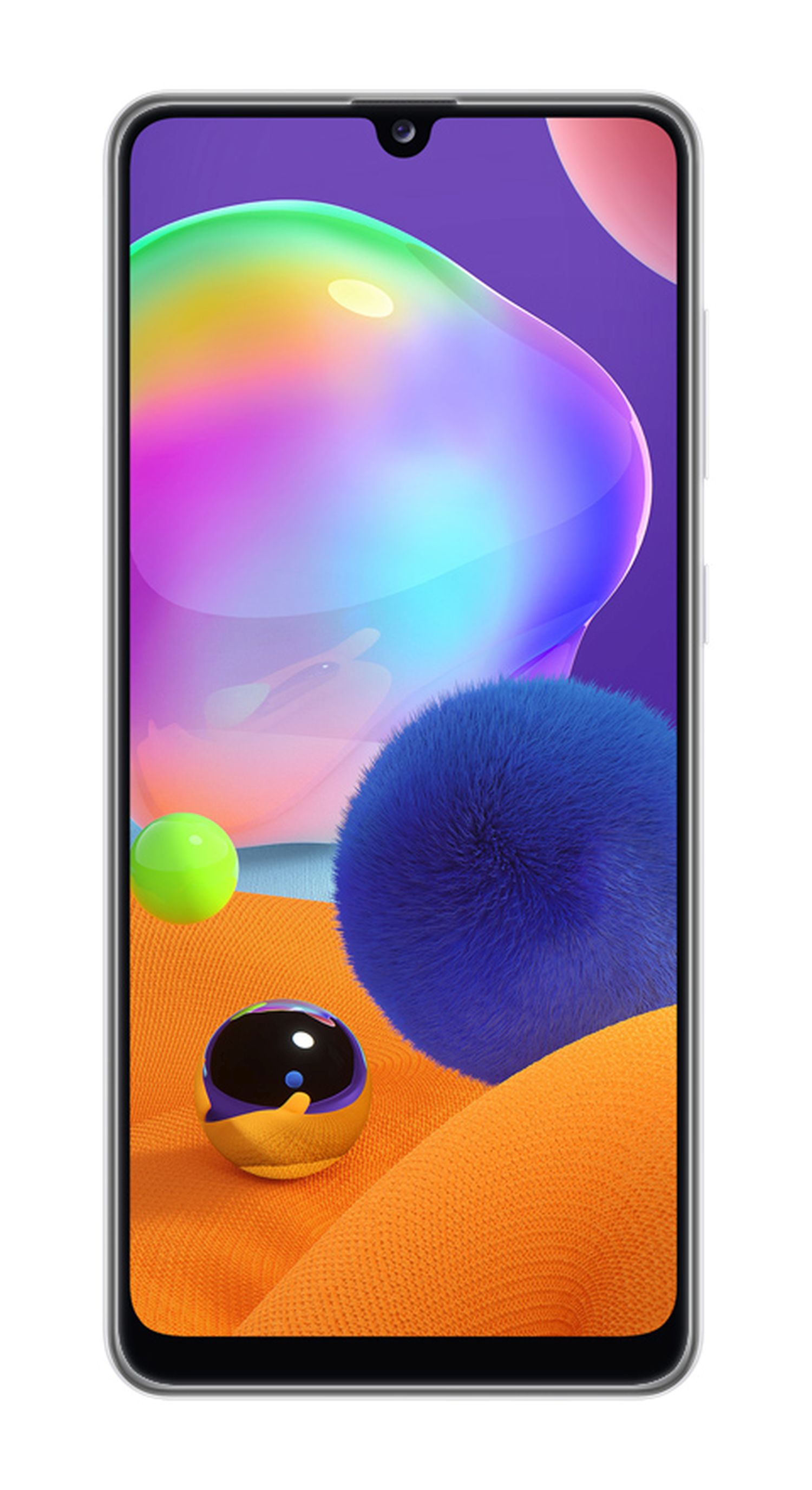 Ein Smartphone mit farbenfrohem Hintergrund. Das Telefon hat einen weißen Rahmen. Auf dem Bildschirm sind bunte Kugeln.