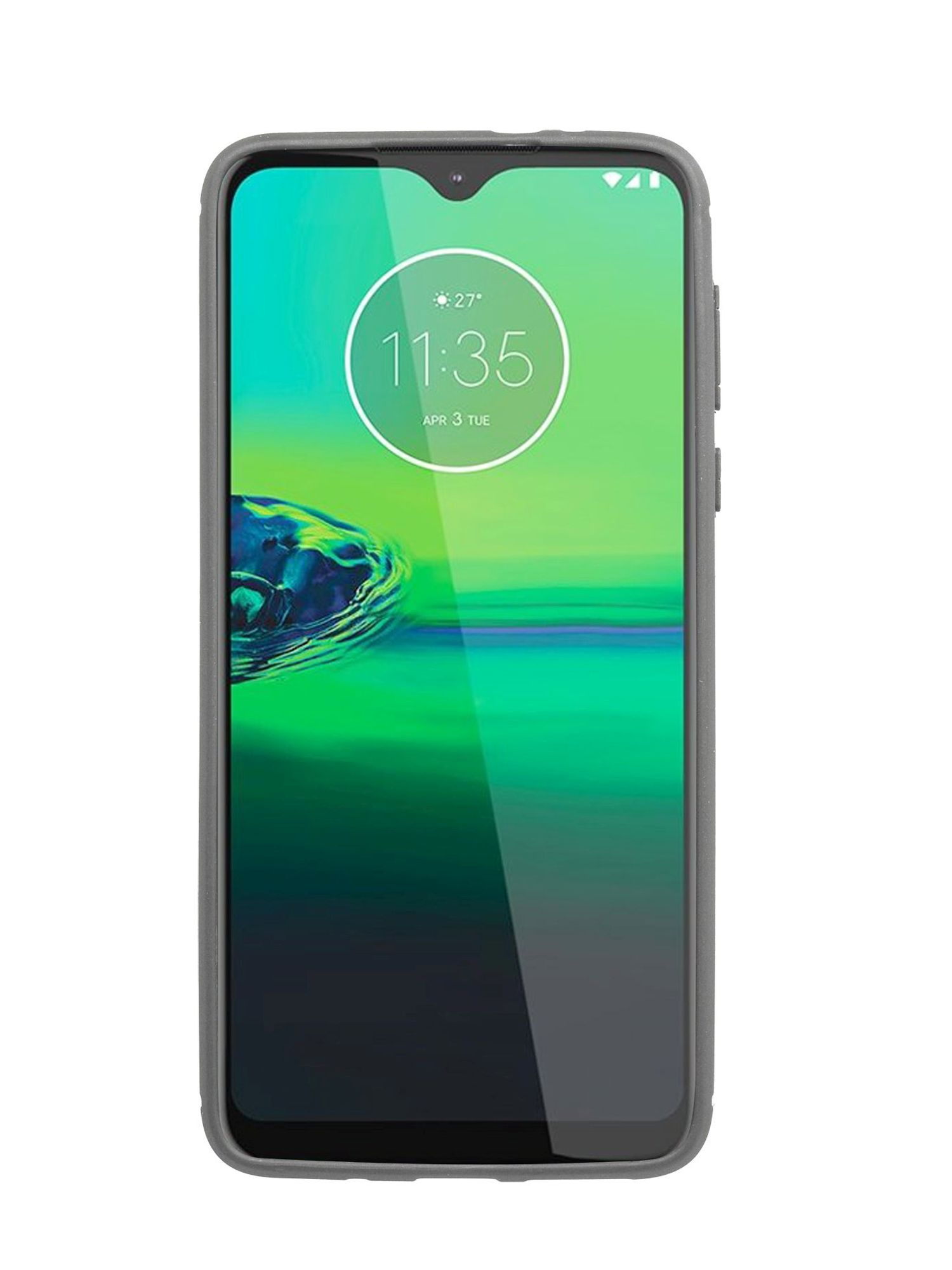 Ein Smartphone mit grauem Case, mit der Uhrzeit 11:35 und dem Datum 3. April.