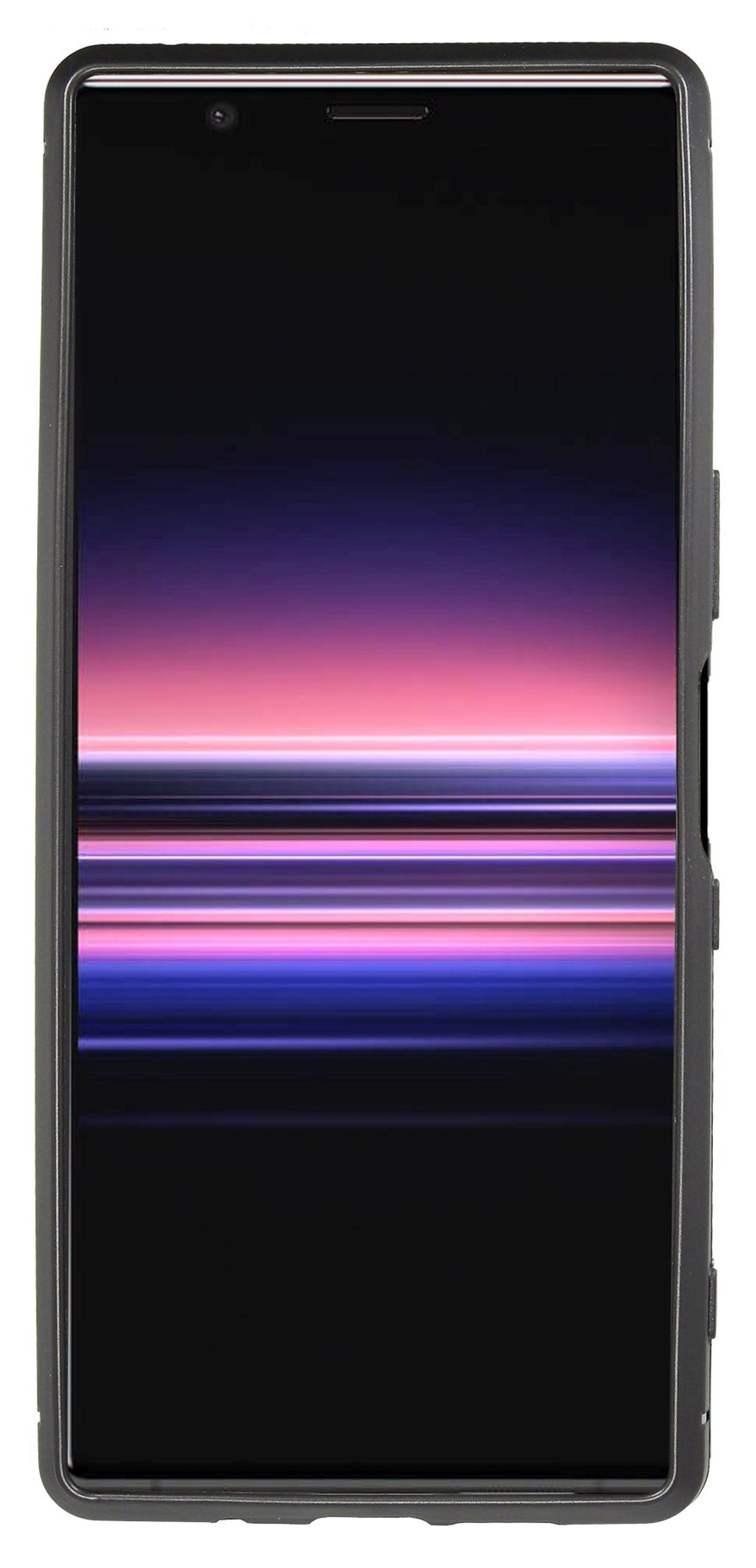 Telefon mit eingeschaltetem Bildschirm, farbenfrohe Ansicht. Schwarzes Gehäuse. Weißer Hintergrund.