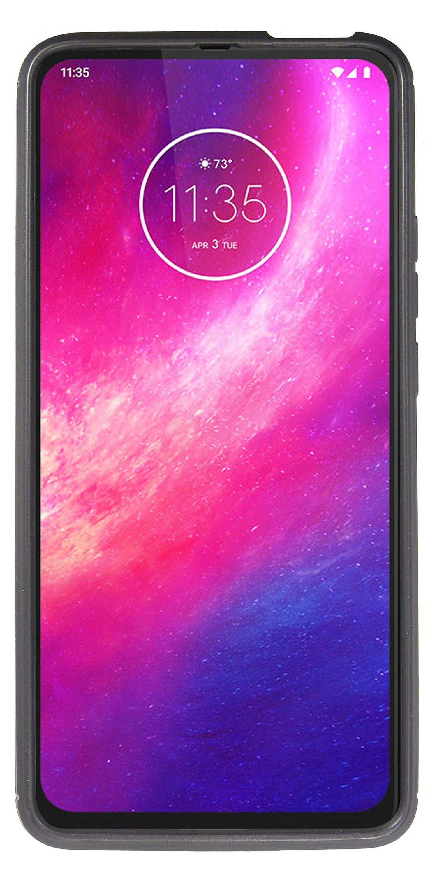 Smartphone mit schwarzem Rahmen, Anzeige von Uhrzeit und farbenfrohem Hintergrund.