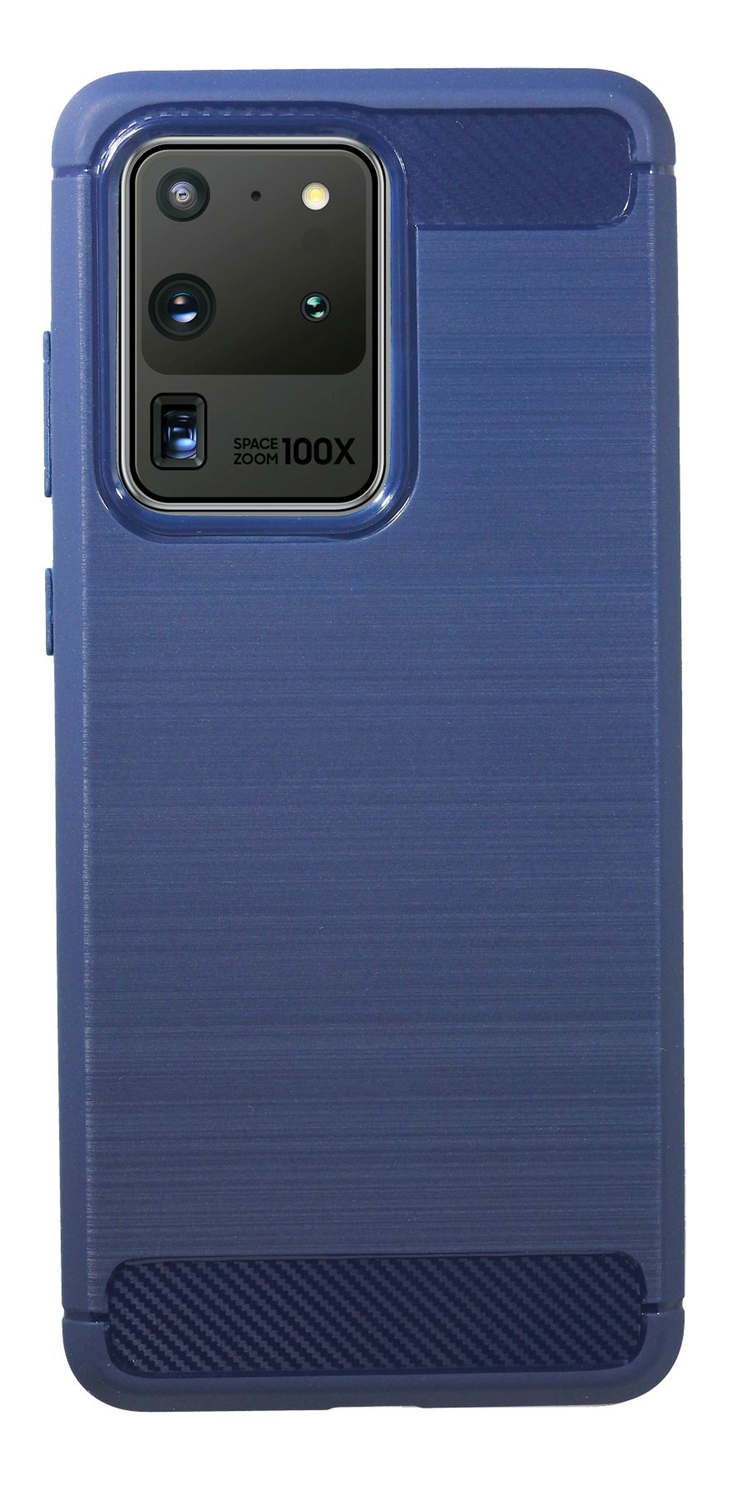 Blaue Handyhülle mit strukturierter Oberfläche und Kameraerhebung mit den Worten SPACE ZOOM 100X.