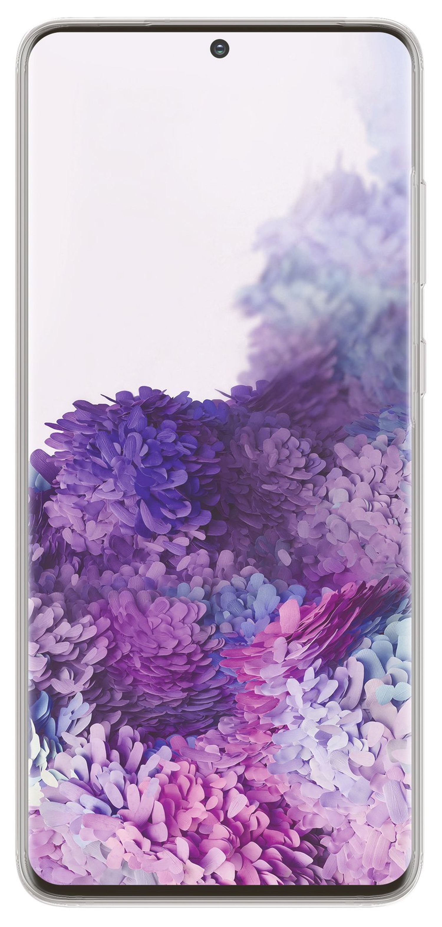 Telefonbildschirm mit lila-weißem Blumendesign. Das Telefon hat eine klare Hülle.