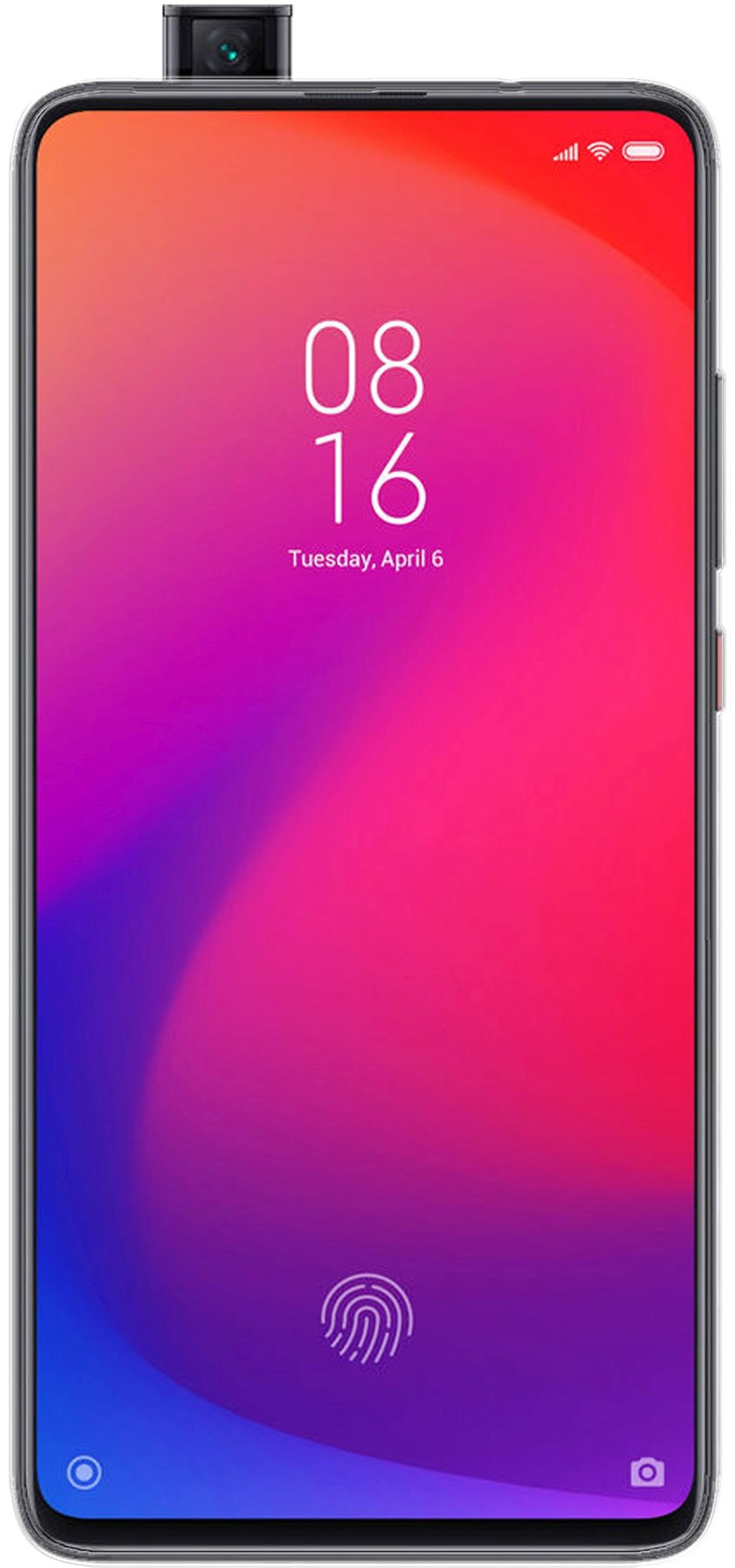 Smartphone mit Vollbild. Zeigt einen Farbverlaufshintergrund mit einem Fingerabdrucksymbol und Zeit/Datum.
