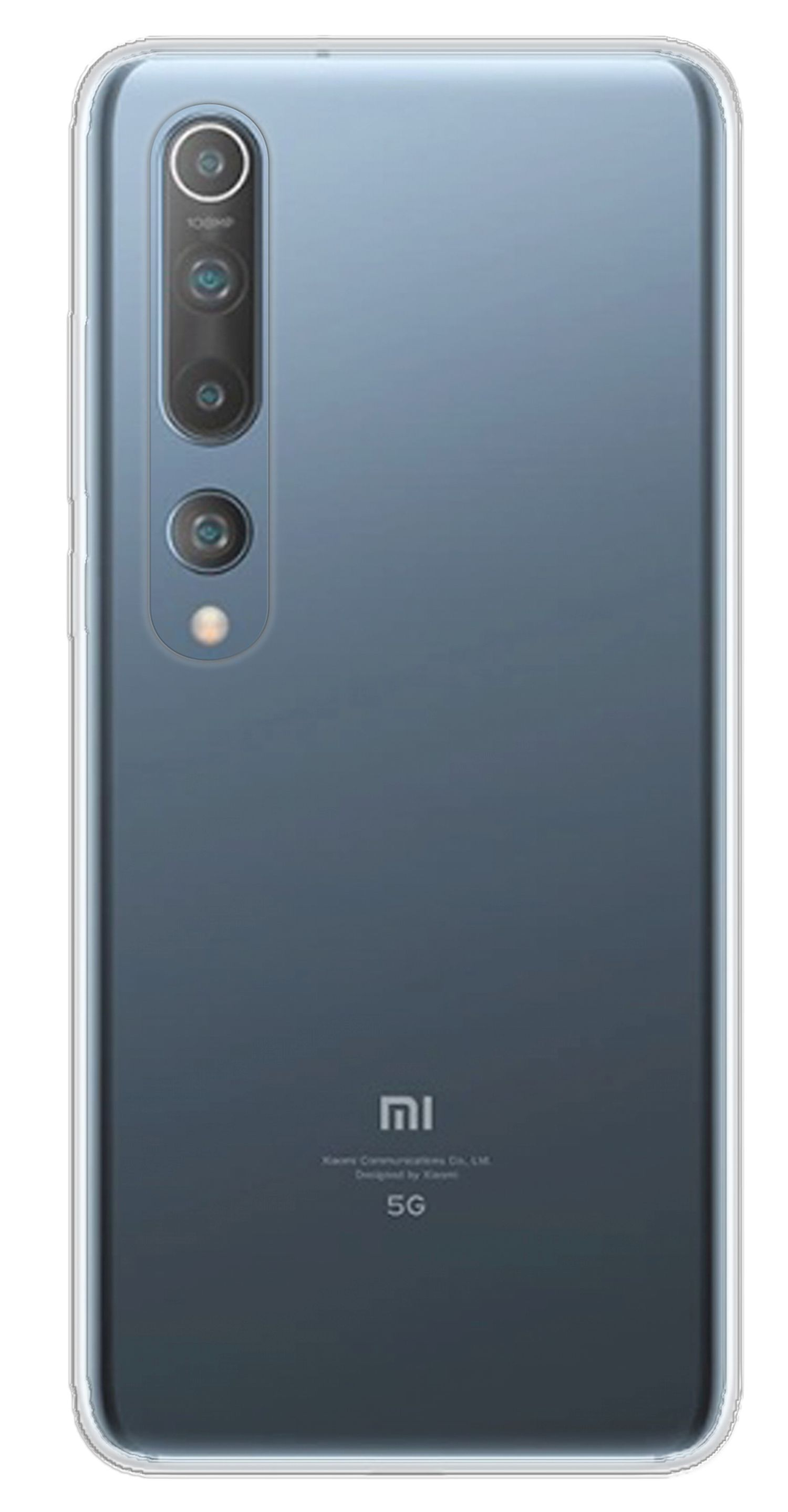 Rückseite eines grauen Smartphones mit mehreren Kameras und zentriertem Logo auf weißem Hintergrund.