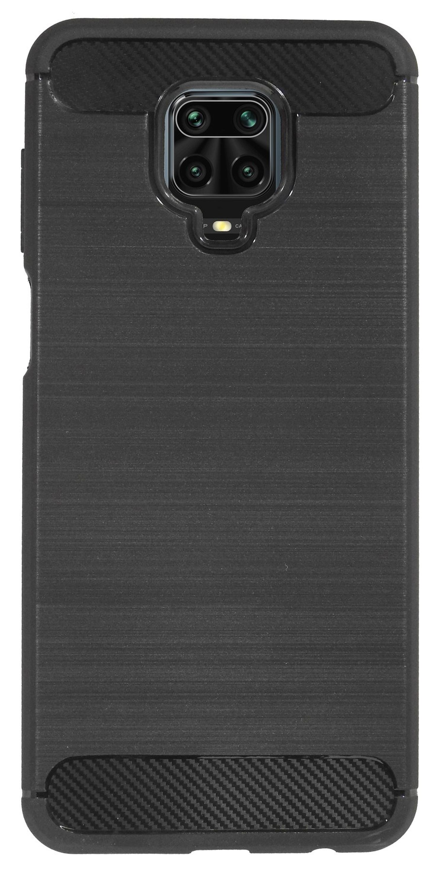 Schwarze Handyhülle mit strukturierter Rückseite. Die Rückseite hat einen Kameraausschnitt und ein Carbonfaser-Design.