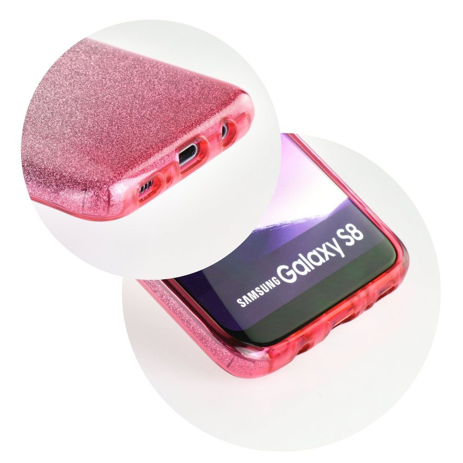 Rosa glitzernde Handyhülle, Nahaufnahme, mit Telefondetails sichtbar.