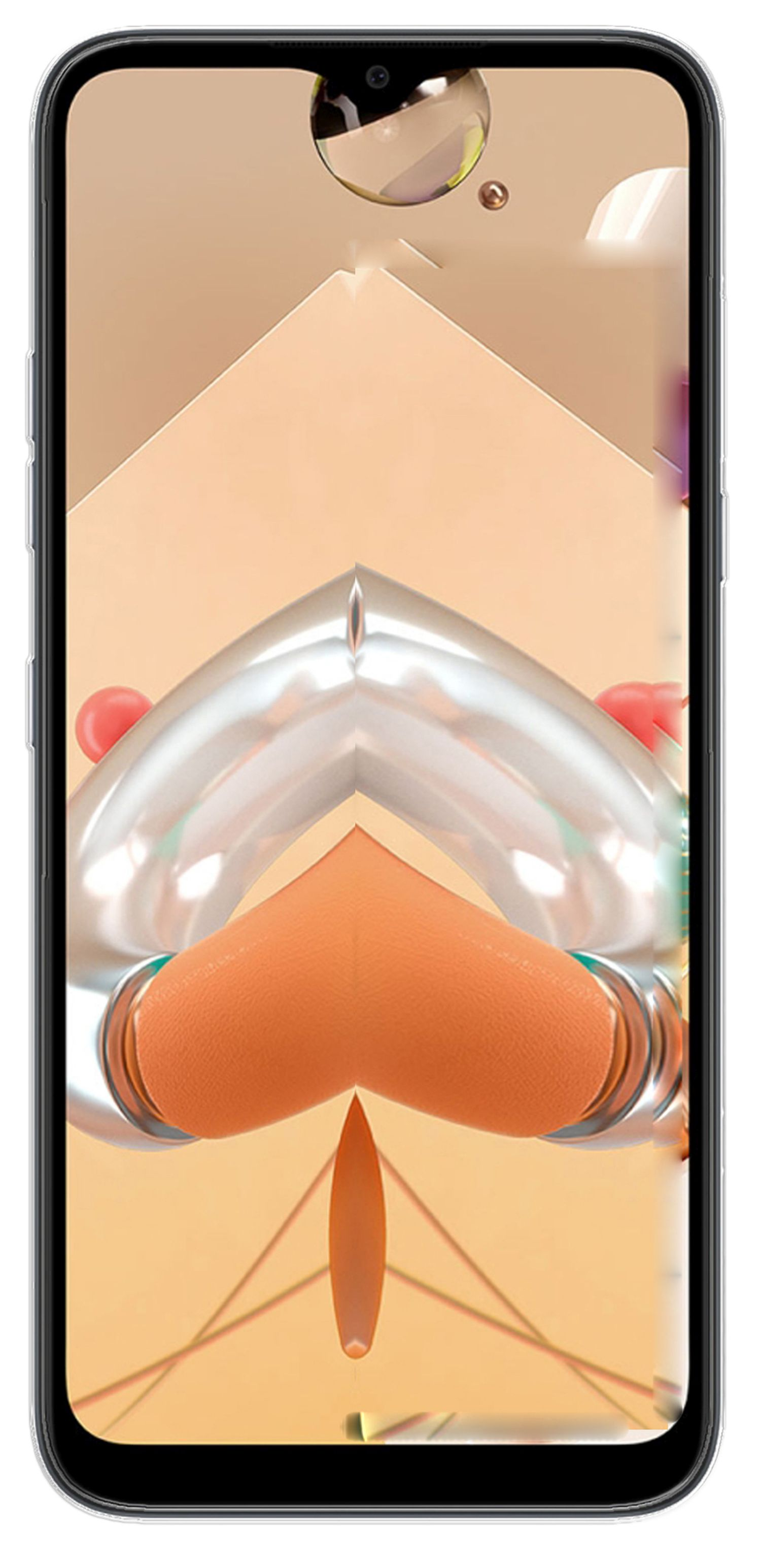 Smartphone, das ein farbenfrohes abstraktes Bild anzeigt. Das Telefon befindet sich in einer Hülle. Weißer Hintergrund.