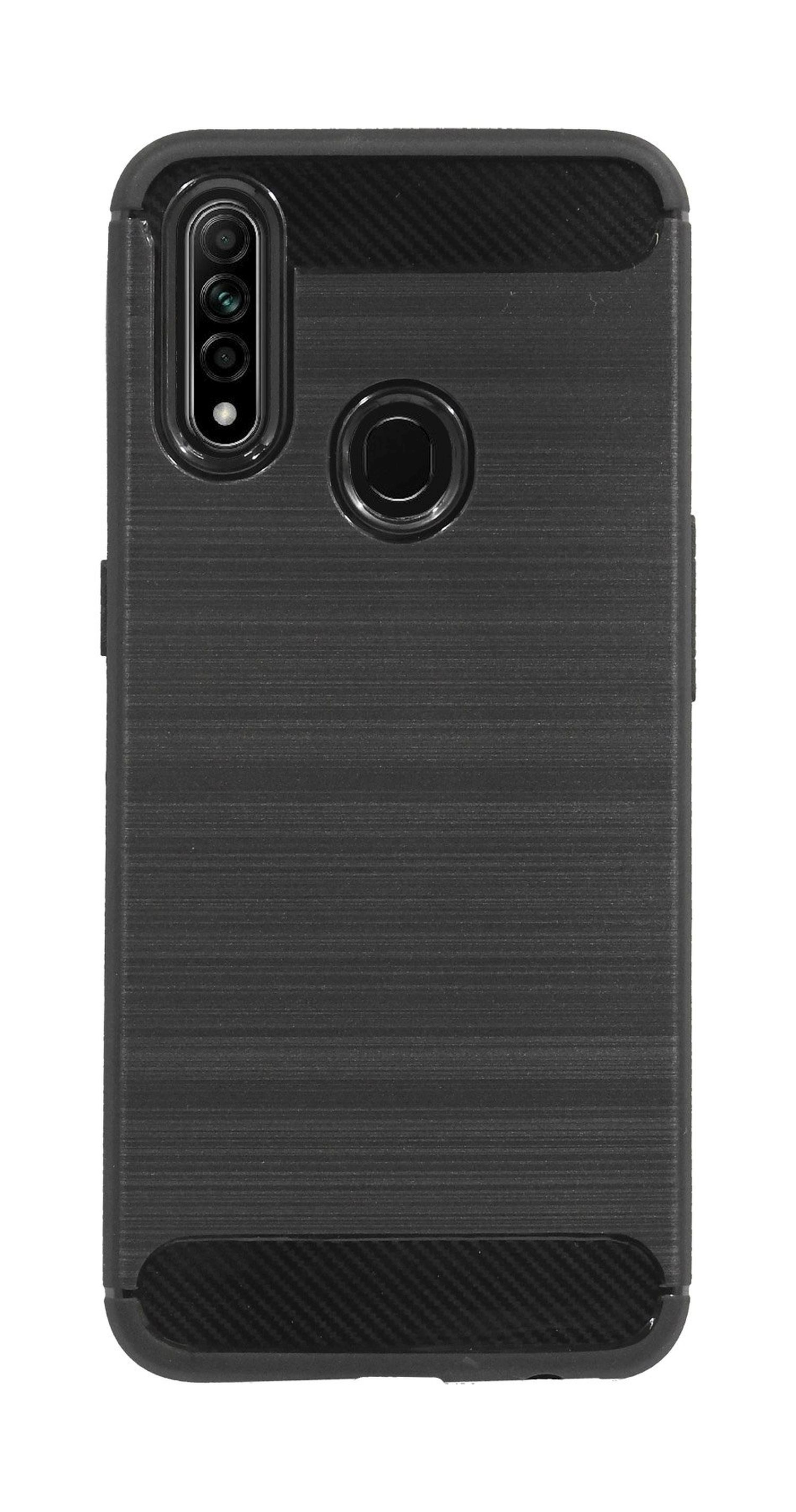 Eine strukturierte schwarze Handyhülle. Sie hat eine Kamerawölbung und einen Fingerabdrucksensor. Kohlefaserakzente.