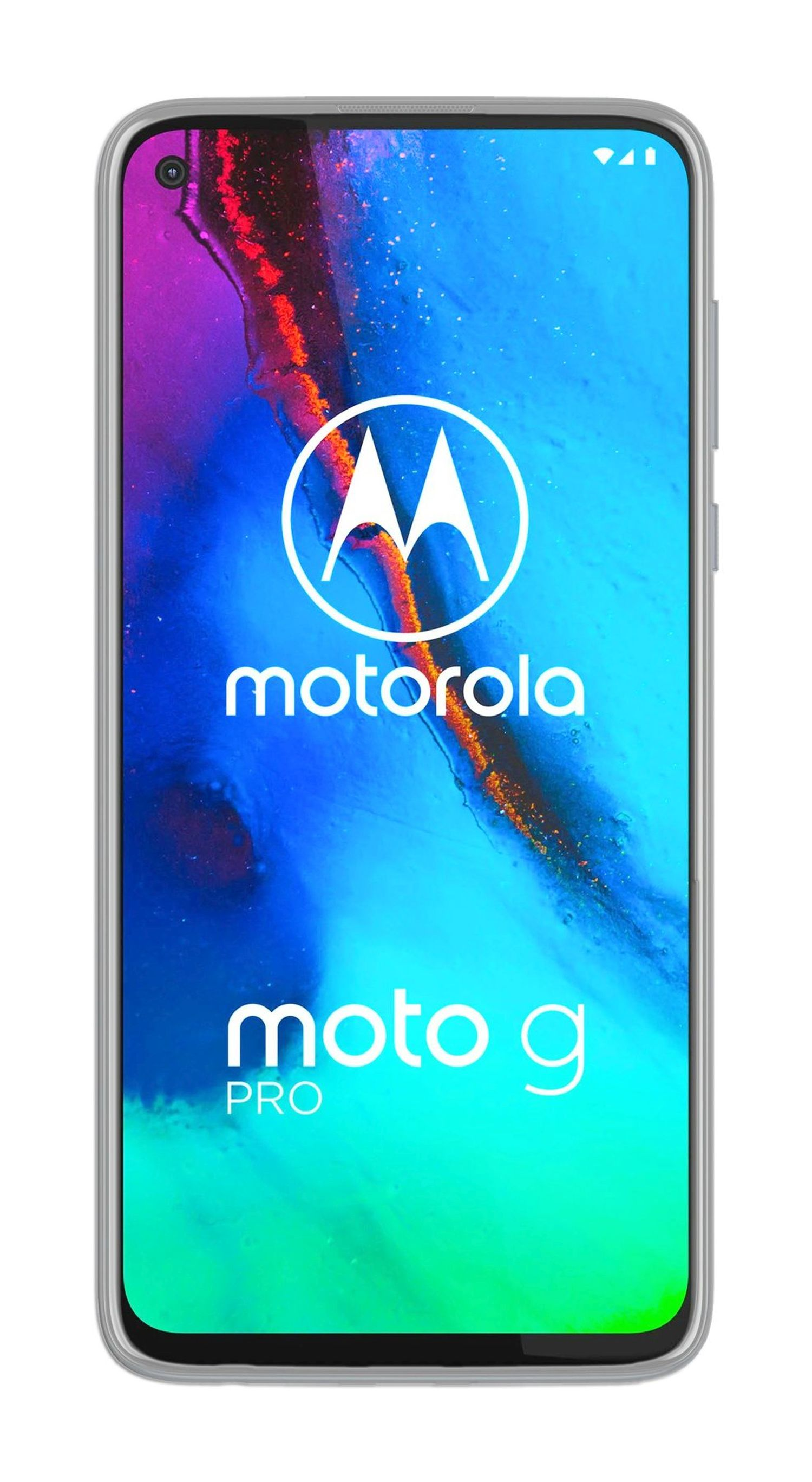 Smartphone mit Motorola-Logo und Text 'moto g pro' auf blau-weißem Hintergrund.