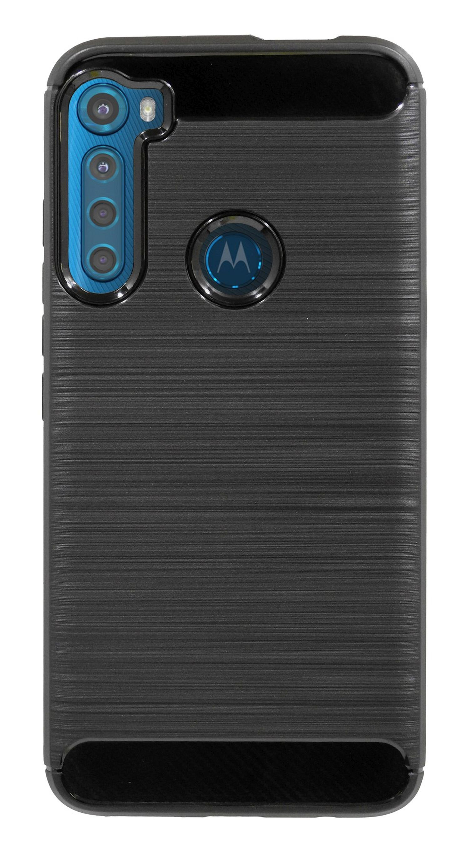 Smartphone-Hülle mit dunkelgrauer Bürstentextur. Motorola-Logo sichtbar.