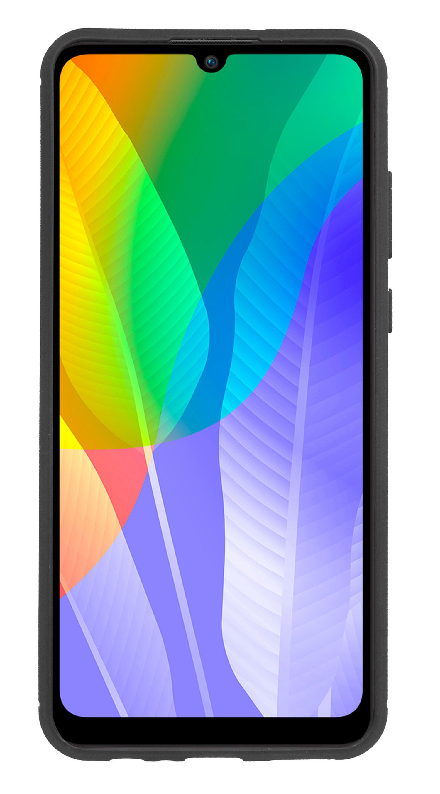Schwarzes Smartphone, das einen farbenfrohen abstrakten Hintergrund auf dem Bildschirm zeigt. Das Telefon steht aufrecht.