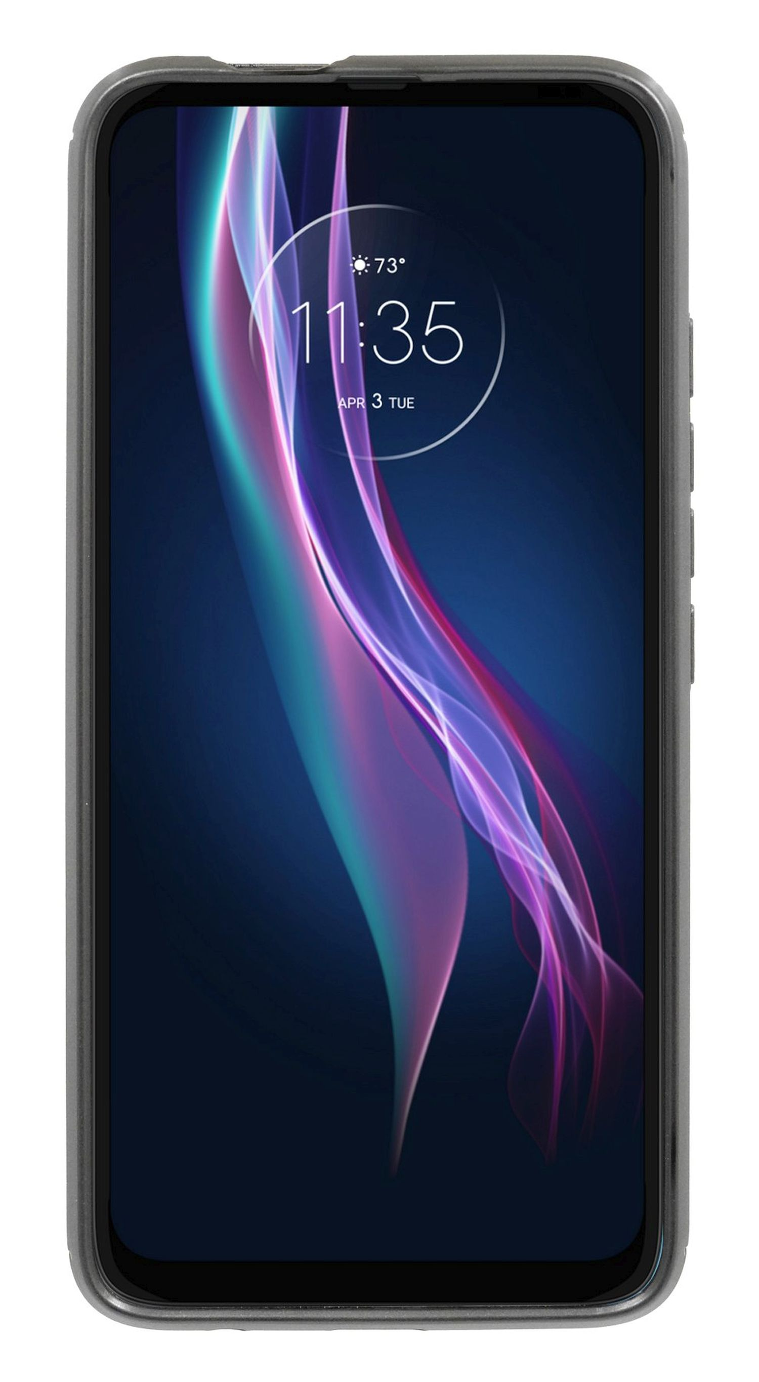 Smartphone mit dunkelgrauer Hülle, mit Bildschirm, der ein farbenfrohes Design und die Uhrzeit zeigt.