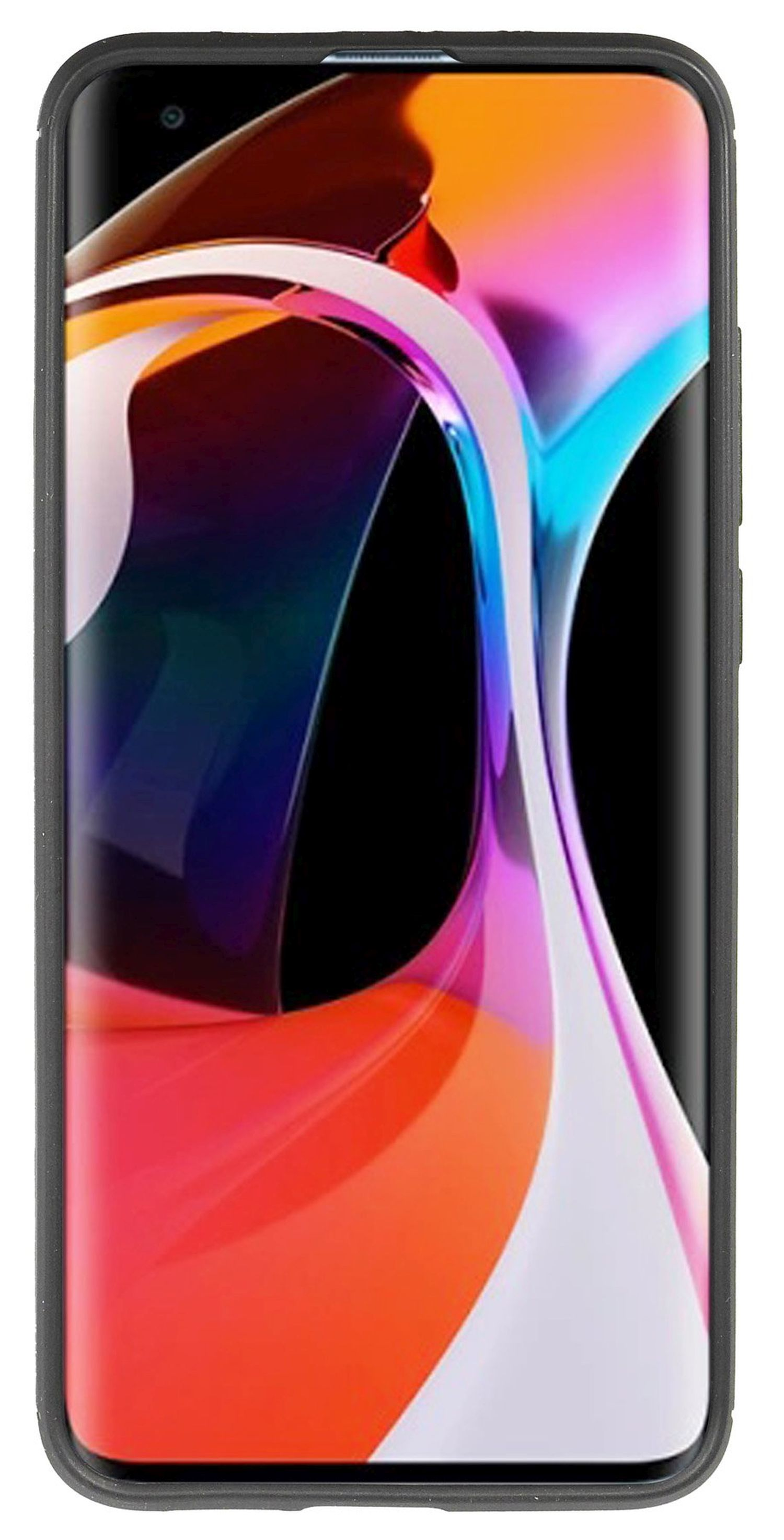 Smartphone zeigt farbenfrohes abstraktes Design. Das Telefon ist in einer Schutzhülle.