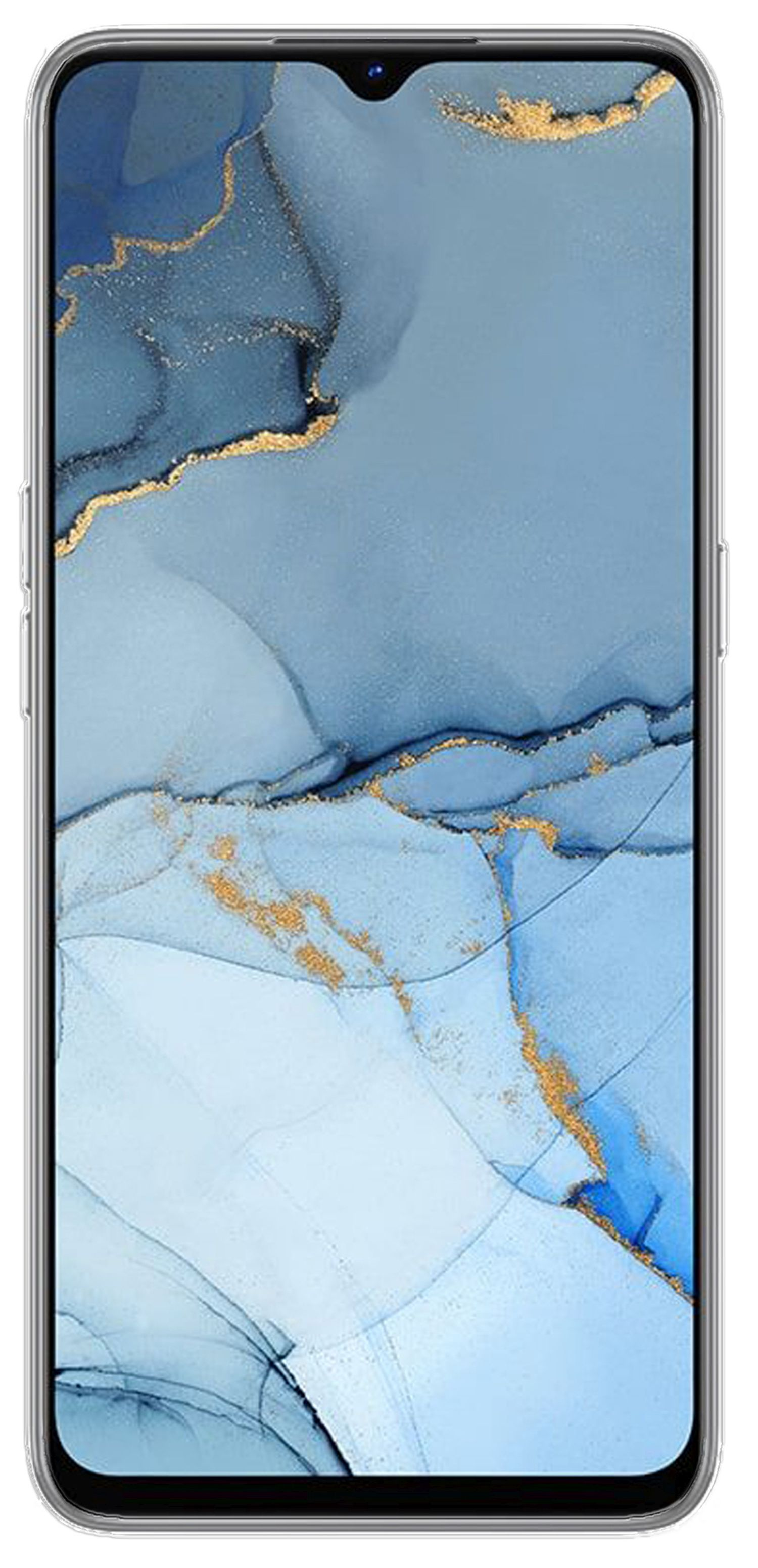 Smartphone-Bildschirm, blaues und goldenes abstraktes Design. Klare Hülle.