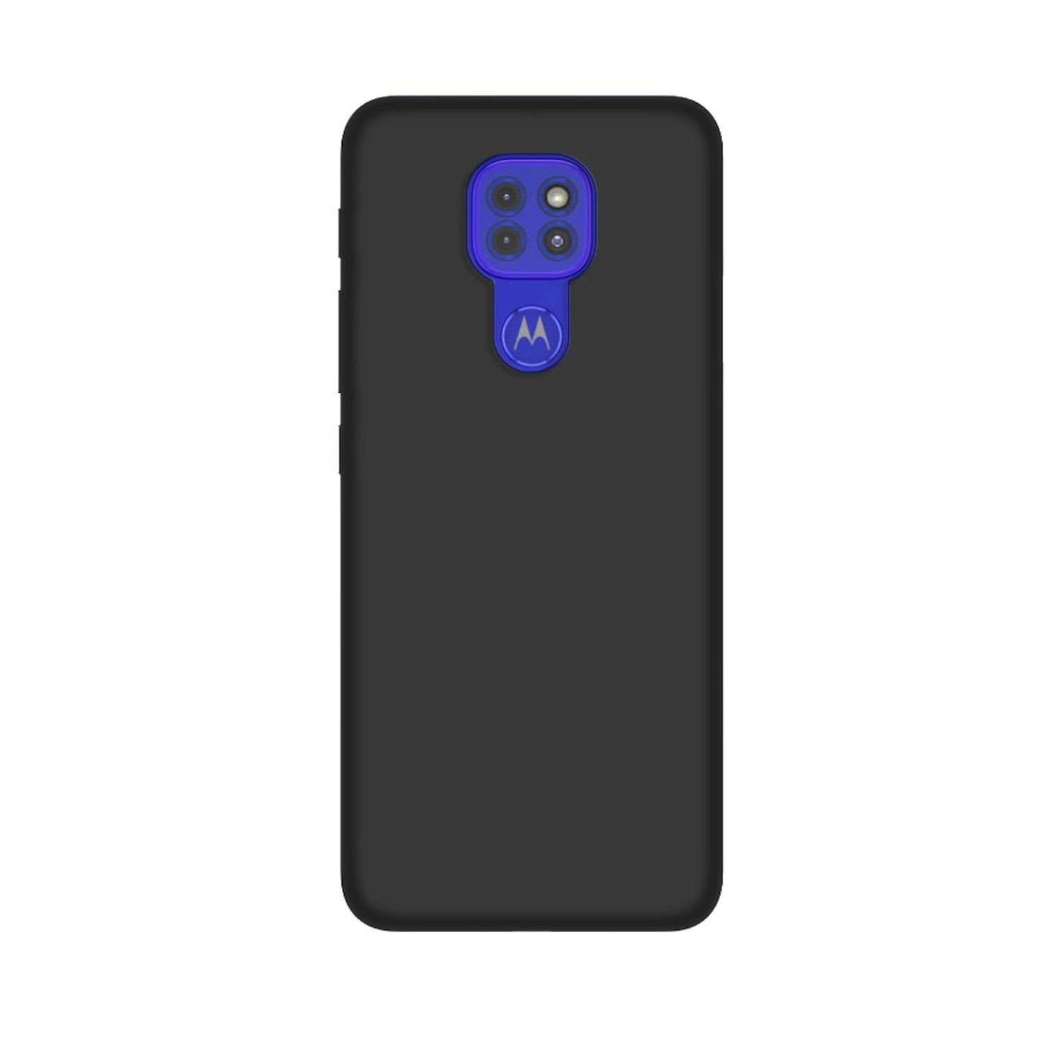 Schwarze Handyhülle mit blauem Kameramodul und dem Motorola-Logo.
