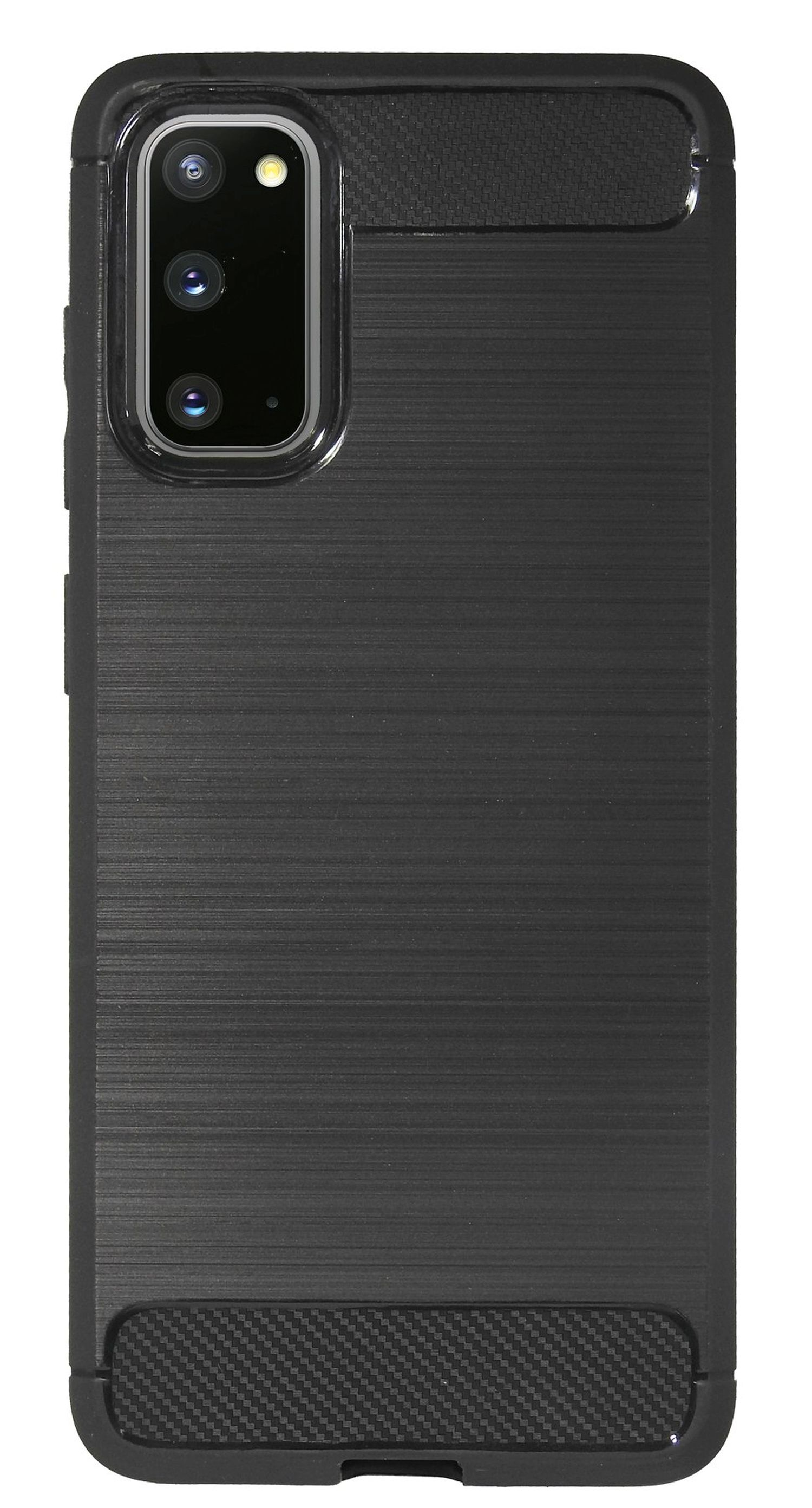 Eine schwarze Handyhülle für ein Galaxy S20. Die Rückseite der Hülle ist strukturiert. Die Kamera ist sichtbar.