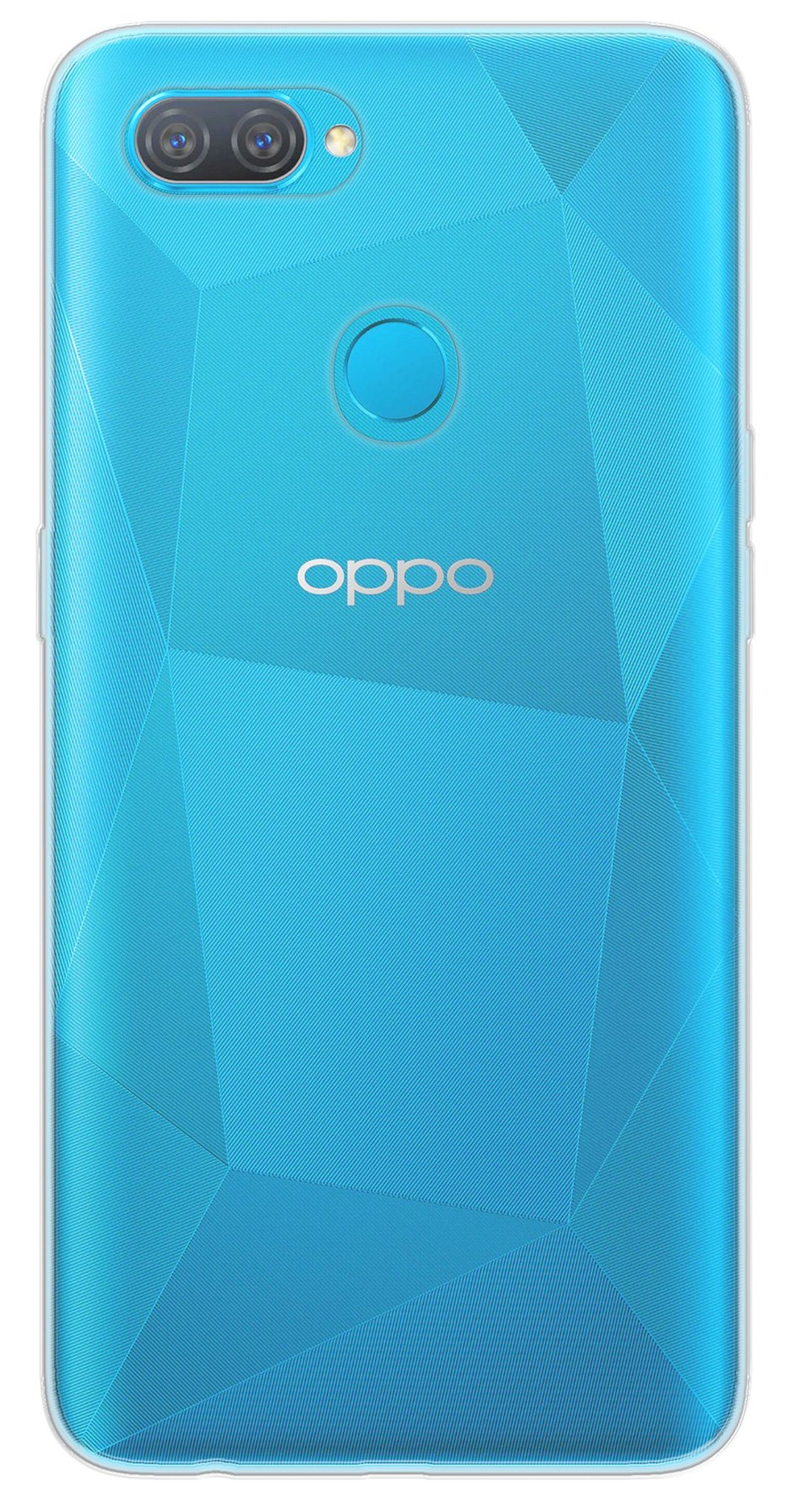 Eine türkisblaue Telefonrückseite mit geometrischem Muster und dem OPPO-Logo. Das Telefon ist in einer klaren Hülle.