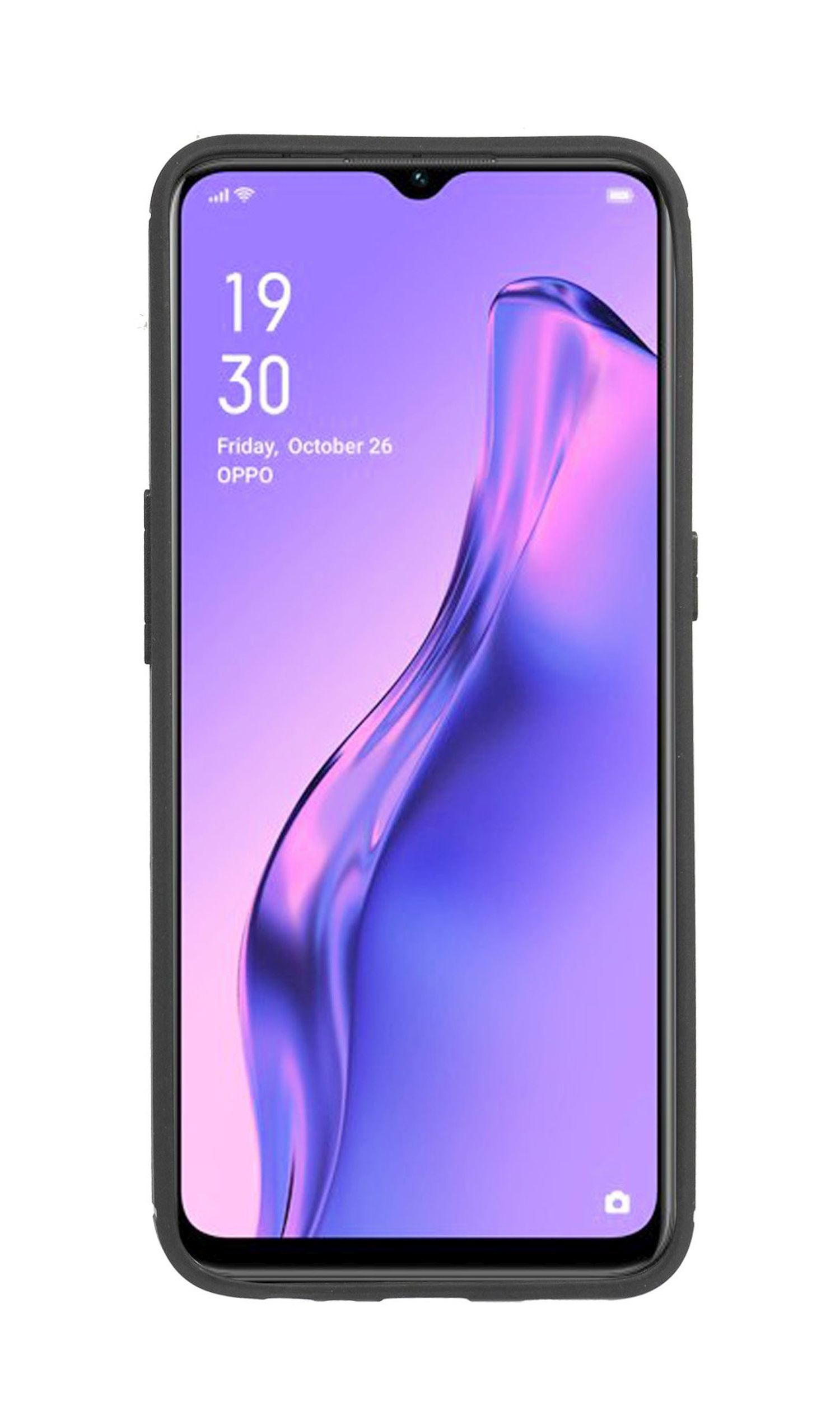 Ein Smartphone mit lila Bildschirm, der Zeit und Datum anzeigt, in einer schwarzen Hülle.