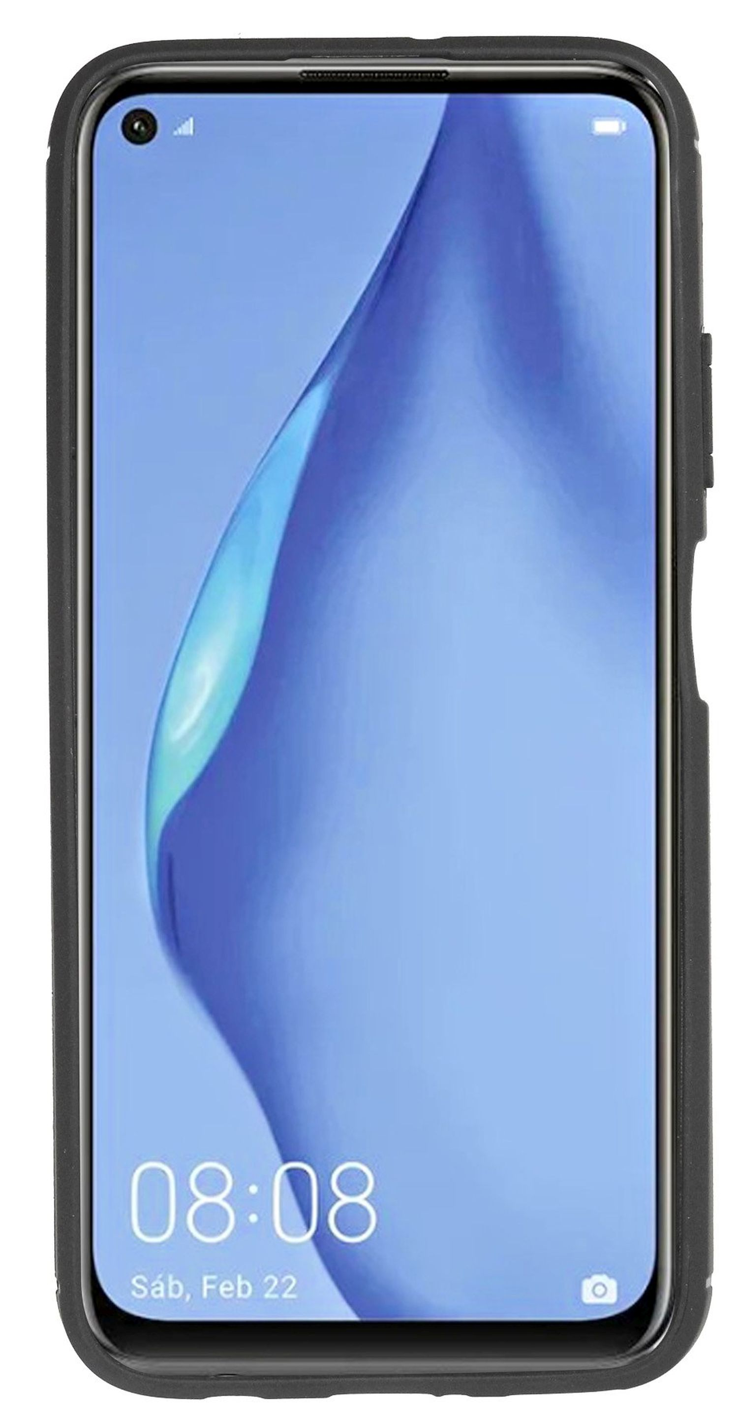Schwarzes Telefon in einer schwarzen Hülle. Der Bildschirm zeigt Uhrzeit und Datum.