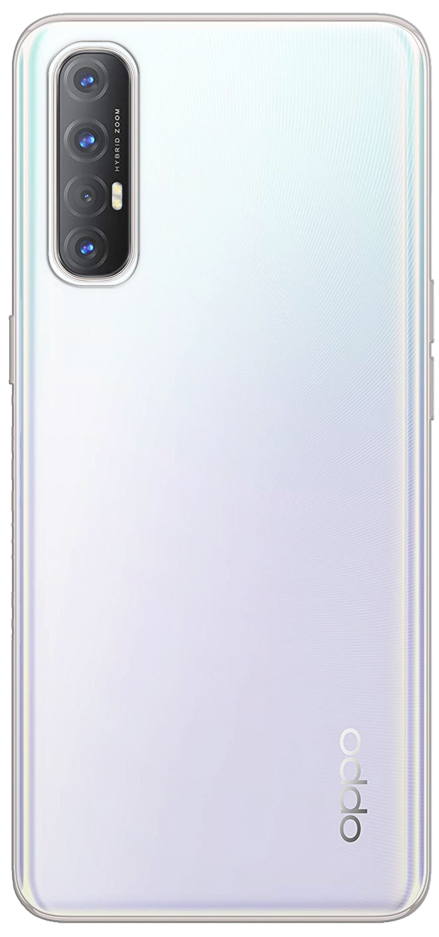 Weiße Telefonrückseite mit mehreren Kameras. Hybrid-Zoom-Text. Weißer Hintergrund.