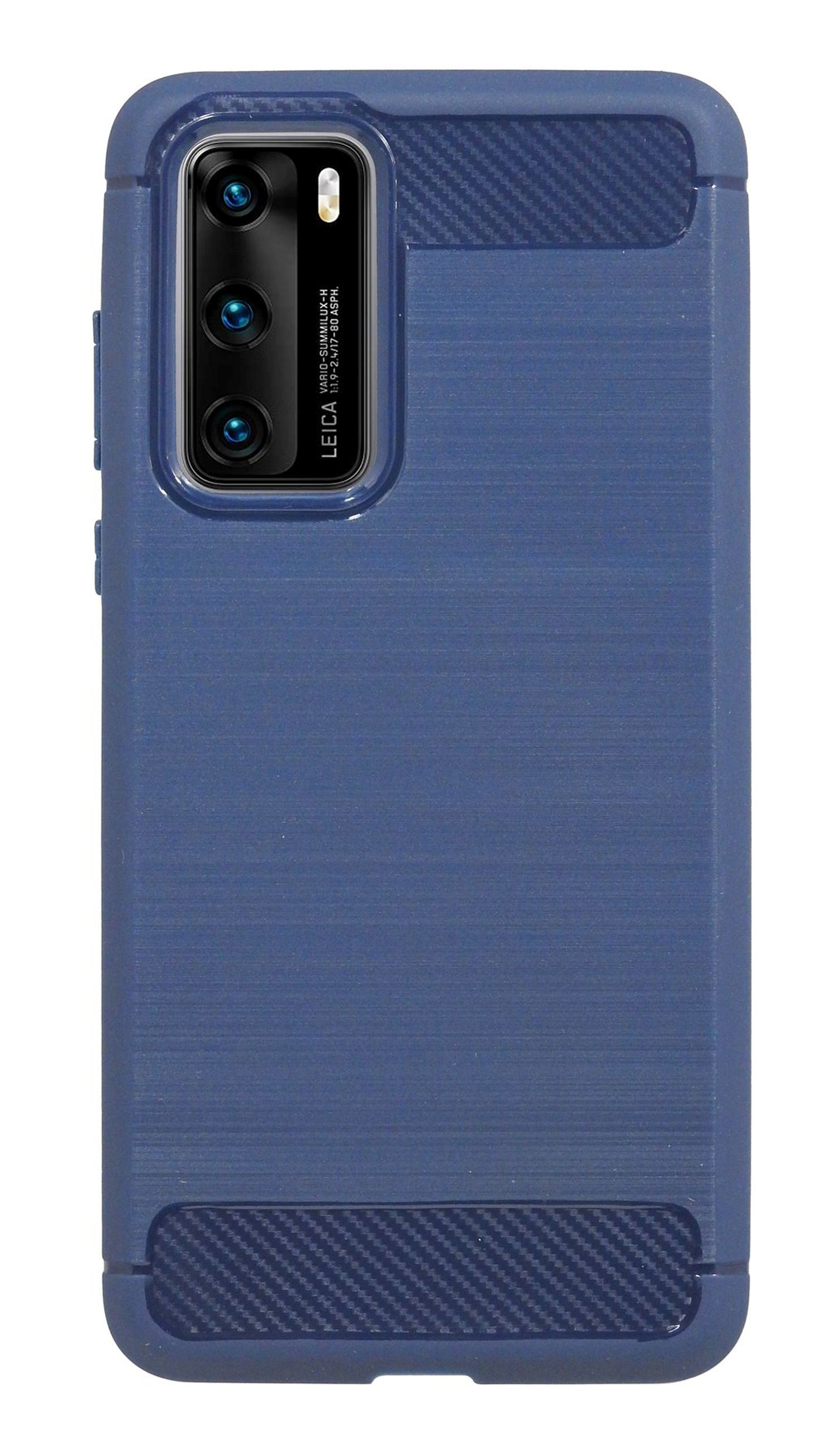 Blaue Handyhülle mit Kameramodul und Karbonfaser-Design auf weißem Hintergrund.