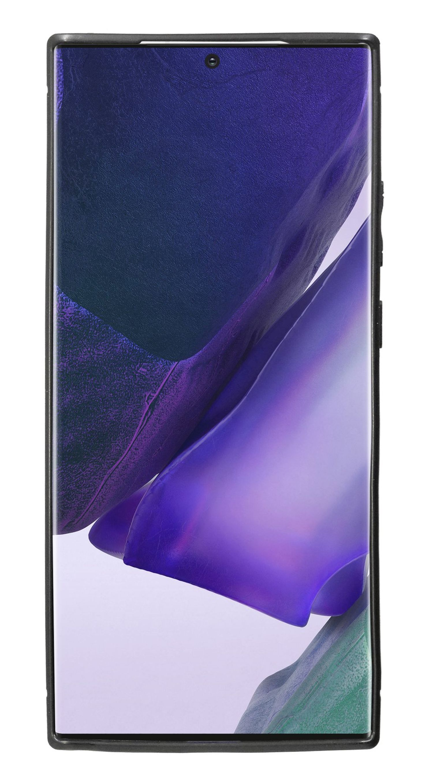 Ein Smartphone mit lila Hintergrund auf dem Bildschirm in einer schwarzen Hülle.