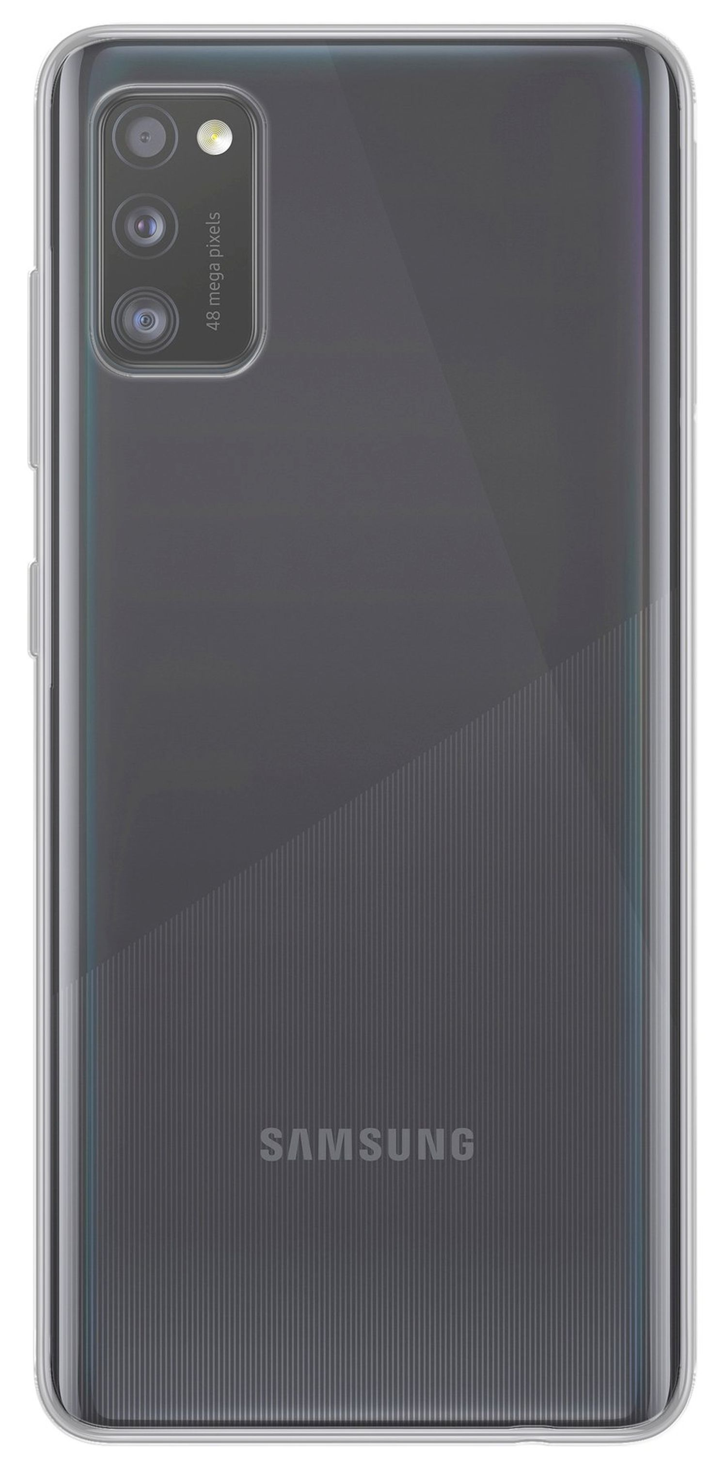 Rückseite eines grauen Smartphones. Merkmale sind ein Kameramodul und das Samsung-Logo.