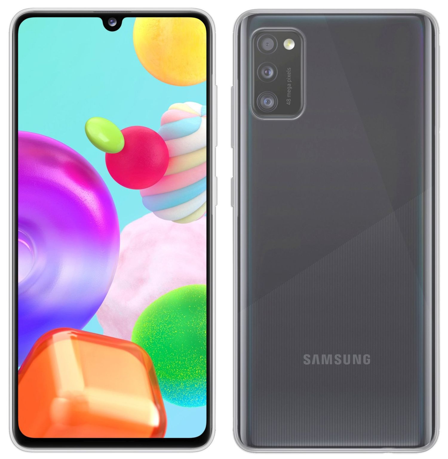 Samsung Handy Vorder- und Rückansicht. Die Vorderseite zeigt einen Bildschirm mit bunten Formen. Die Rückseite ist grau mit Kamera.